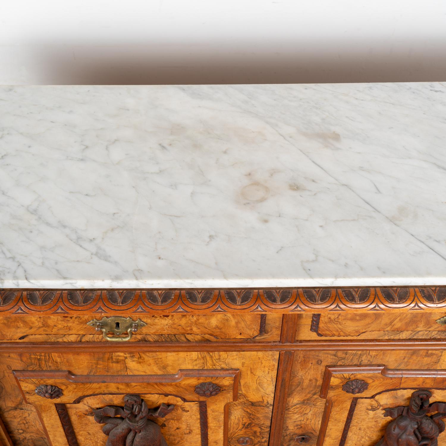 Marble Top Walnut Sideboard Buffet, Black Forest Hunt Carving, Sweden circa 1890 2