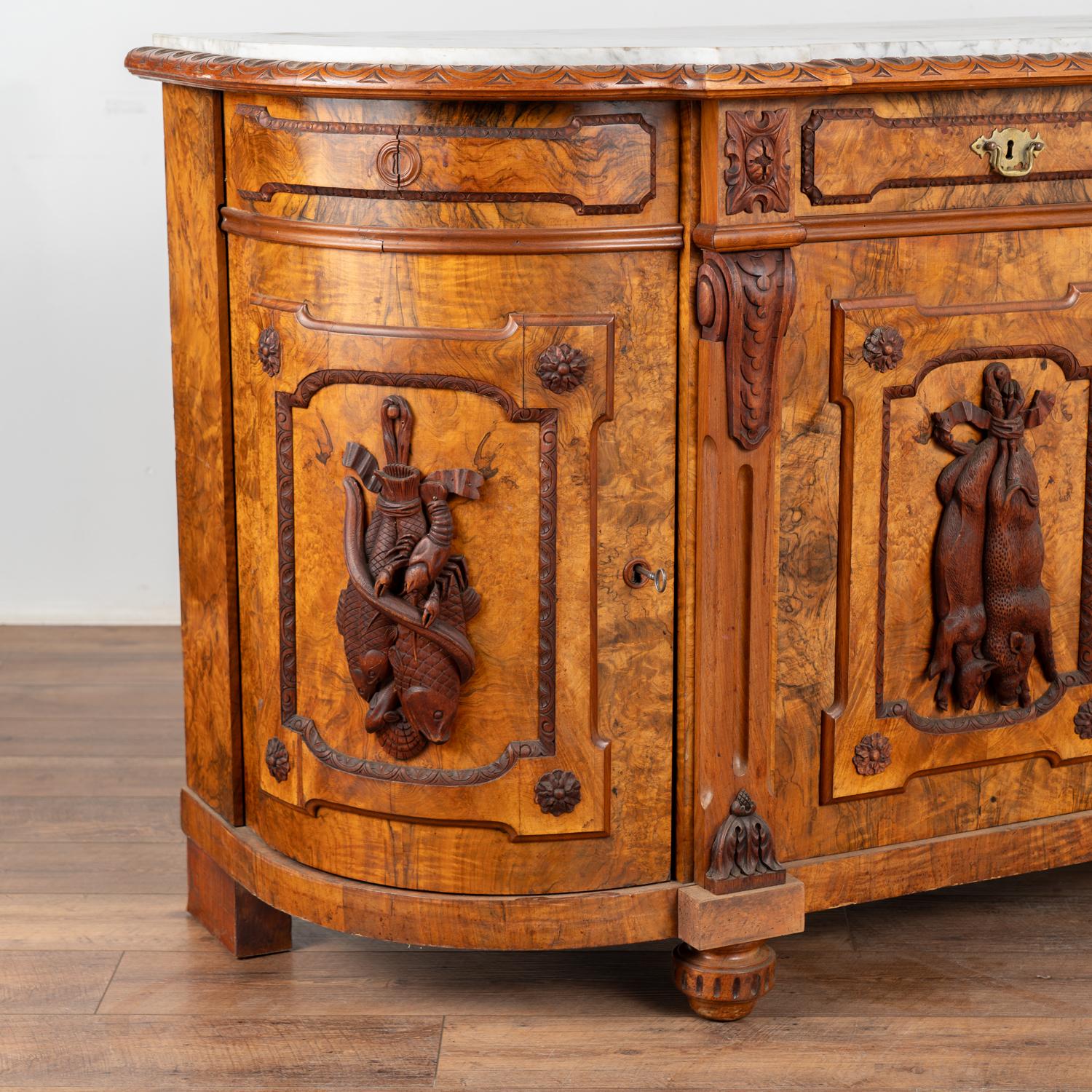 Marble Top Walnut Sideboard Buffet, Black Forest Hunt Carving, Sweden circa 1890 4