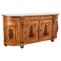 Marble Top Walnut Sideboard Buffet, Black Forest Hunt Carving, Sweden circa 1890
