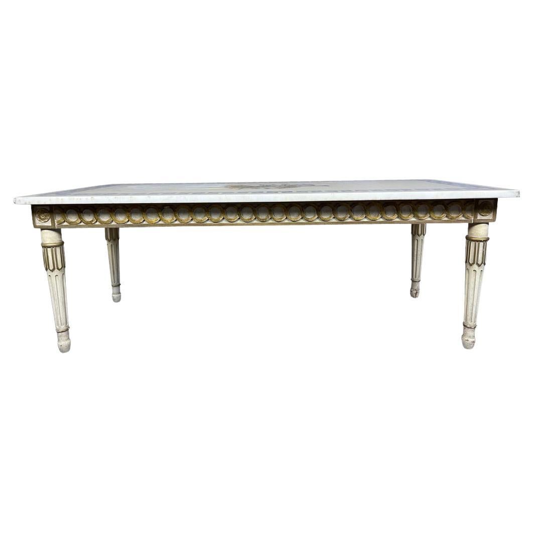 Classical Roman Marble Top White and Gilt Coffee Table with Greek Key and Decorative Inlay For Sale