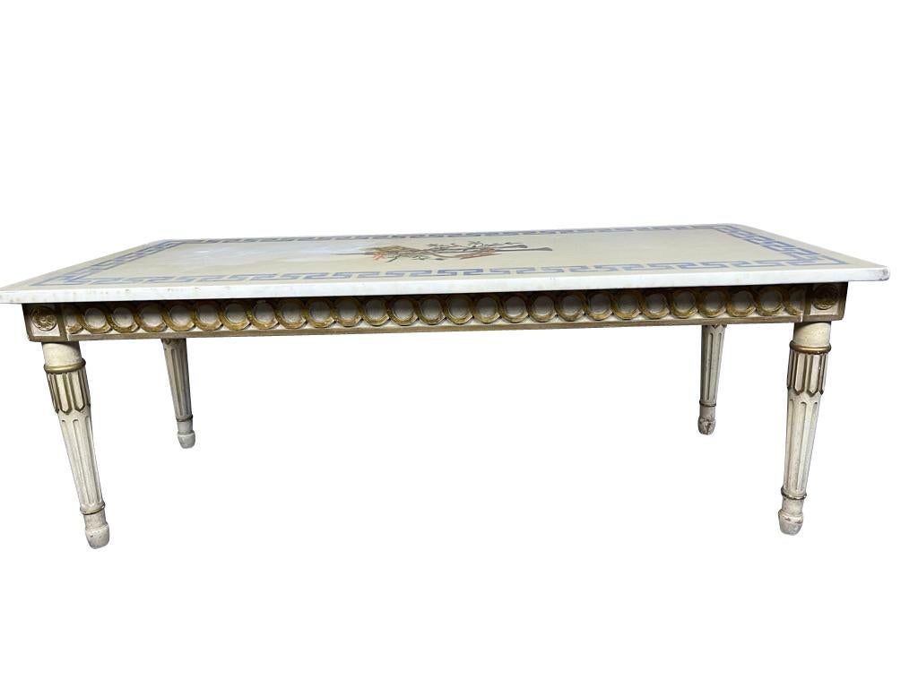 Italian Marble Top White and Gilt Coffee Table with Greek Key and Decorative Inlay For Sale