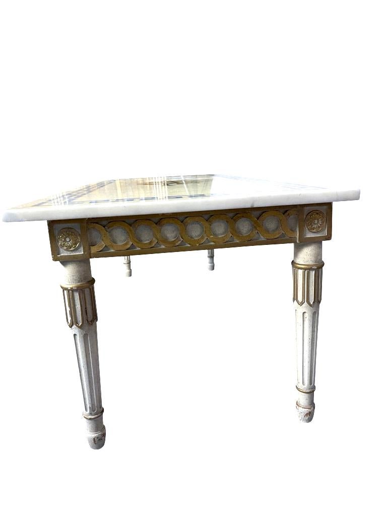Painted Marble Top White and Gilt Coffee Table with Greek Key and Decorative Inlay For Sale