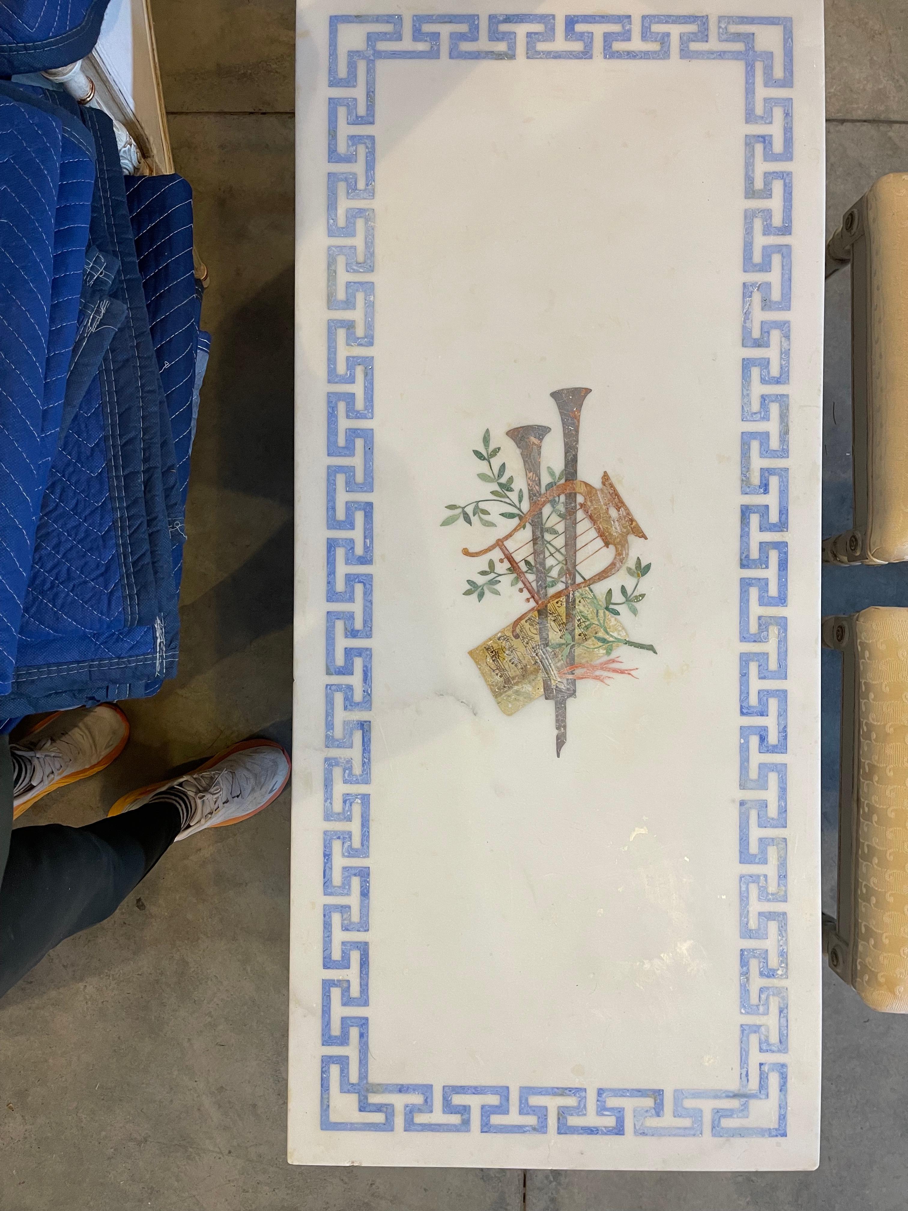 Marble Top White and Gilt Coffee Table with Greek Key and Decorative Inlay For Sale 2