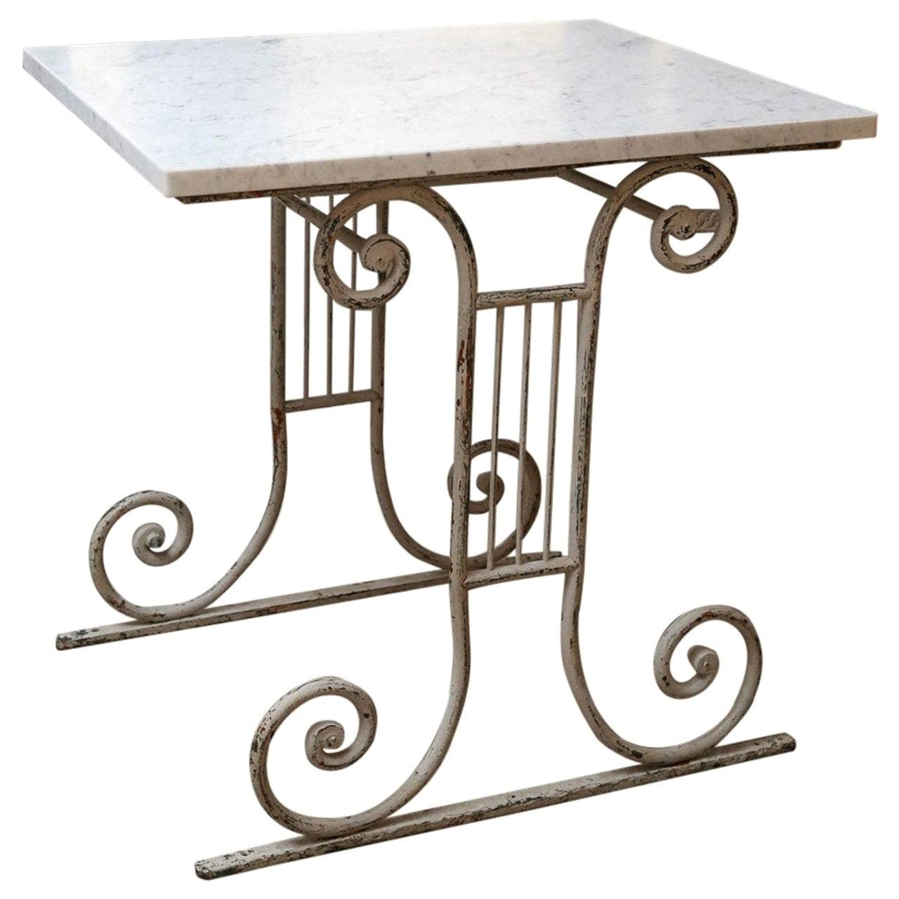 Marble-Top White-Painted Iron Base Table