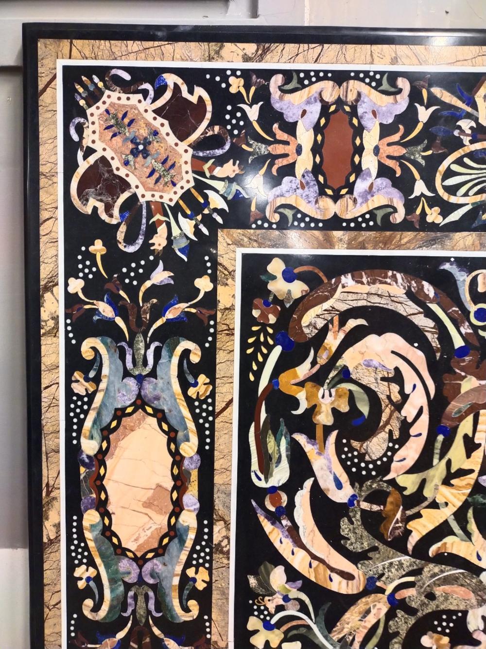 Large marble top with semi-precious stones, 1 80 x 120 cm, inlaid with precious stones. ADDITIONAL PHOTOS, INFORMATION OF THE LOT AND QUOTE FOR SHIPPING COST CAN BE REQUEST BY SENDING AN EMAIL, ULTERIORI FOTO, INFORMAZIONI SUL LOTTO E PREVENTIVO PER
