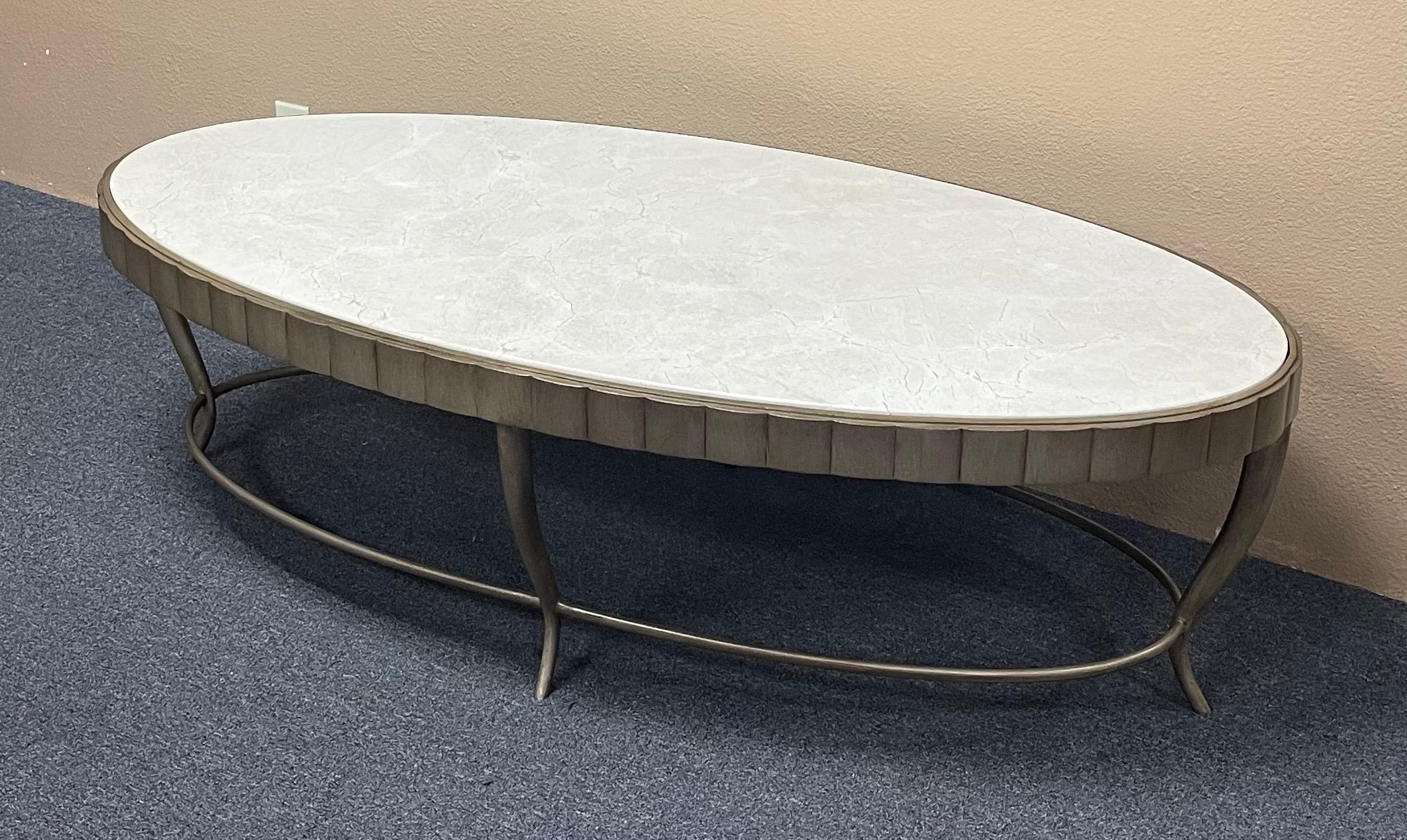 Métal Table basse ovale Cinched surmontée de marbre de Barbara Barry pour Henredon en vente