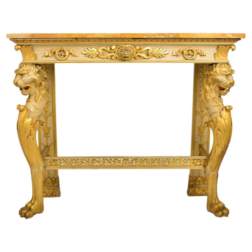 Marble-Topped Console Table with Ornate Lion Carving, circa 1880 For Sale
