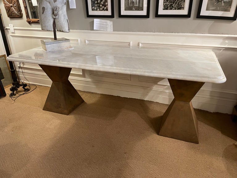 Marble Topped Dining Table with Brancusi Style Steel Base Marble Topped Dining Table with Brancusi Style Steel Base