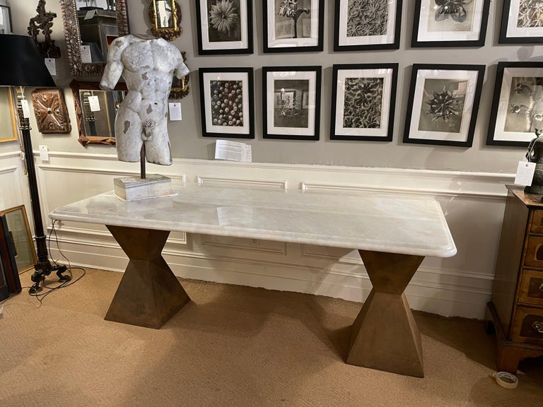 Marble Topped Dining Table with Brancusi Style Steel Base Marble Topped Dining Table with Brancusi Style Steel Base