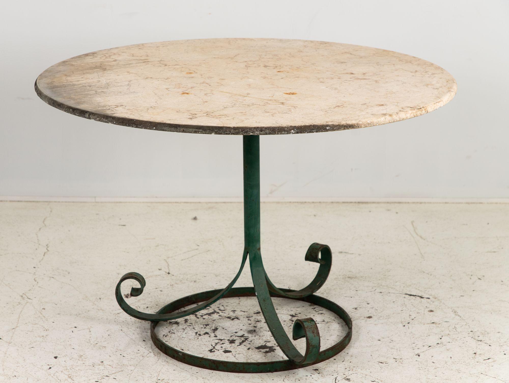 20th Century Marble Topped Garden or Pub Table with Green Iron Base, French 20th c. For Sale