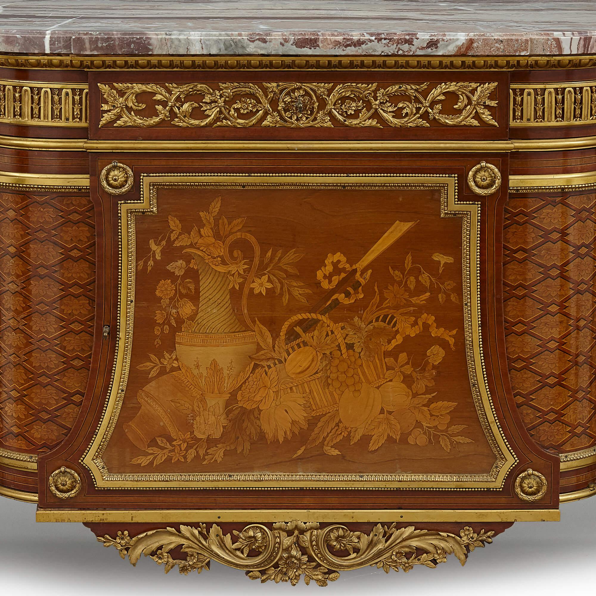 Louis XVI Marble Topped Marquetry Commode After Riesener For Sale