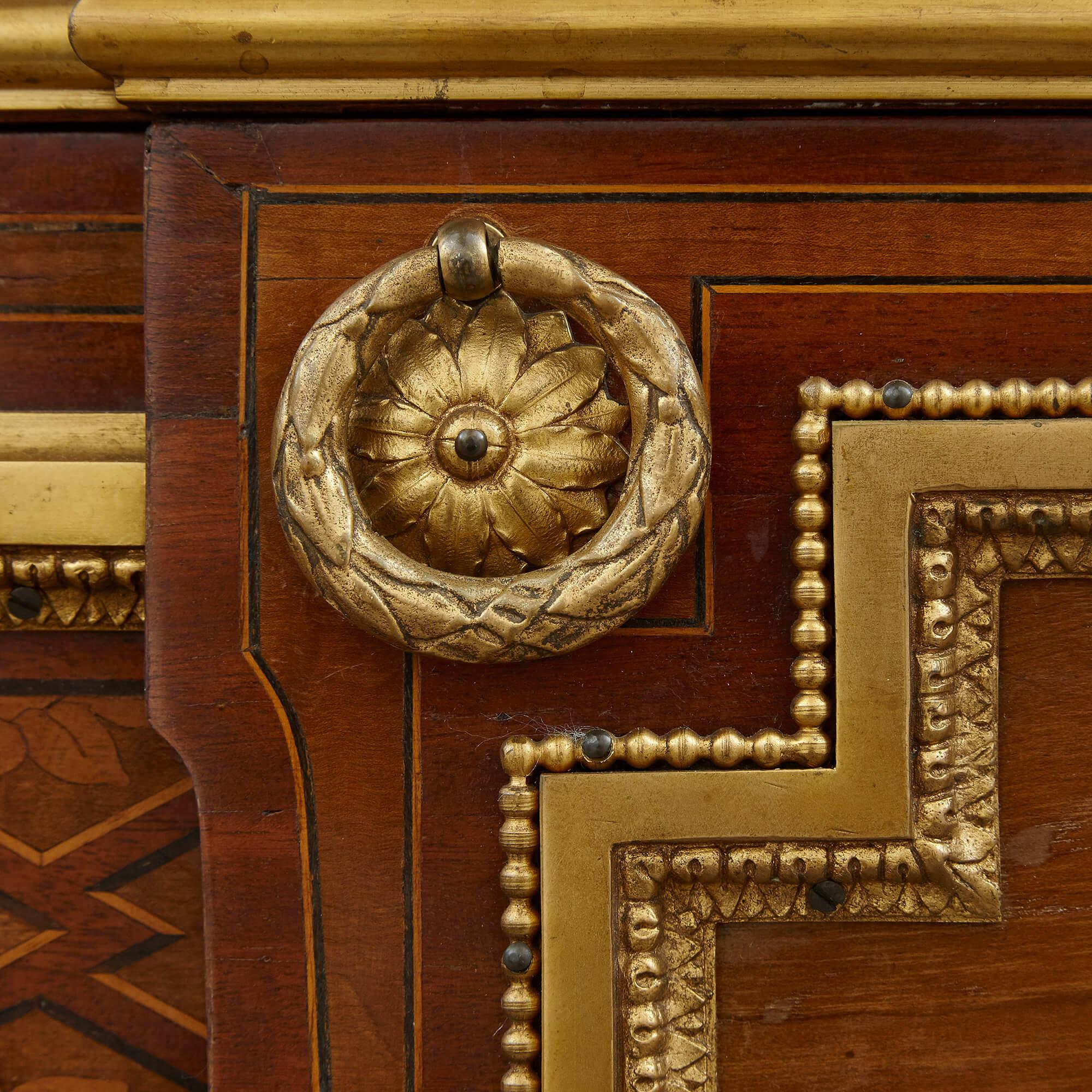 French Marble Topped Marquetry Commode After Riesener For Sale