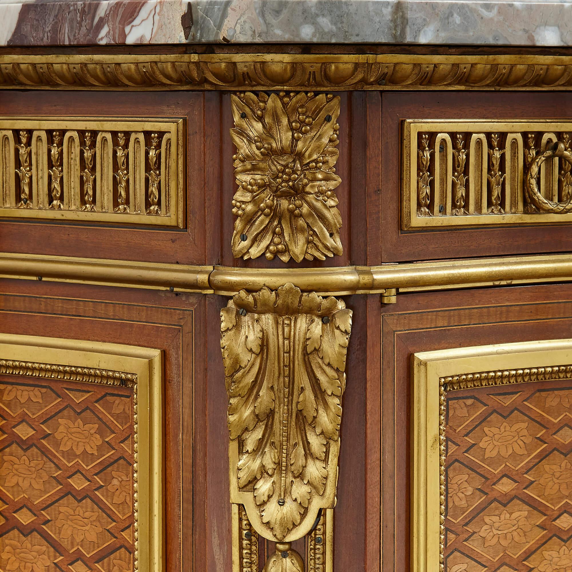 19th Century Marble Topped Marquetry Commode After Riesener For Sale