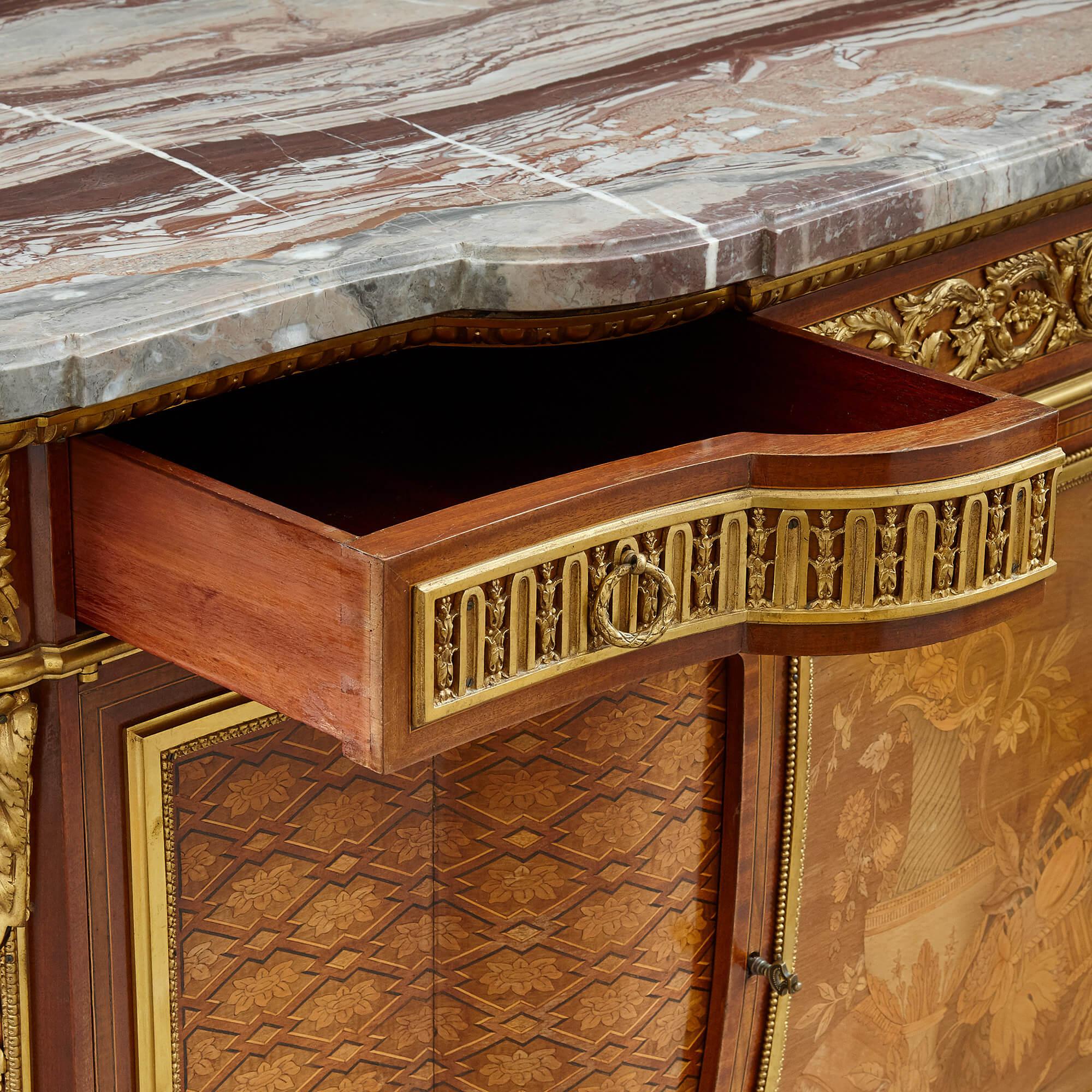 Ormolu Marble Topped Marquetry Commode After Riesener For Sale
