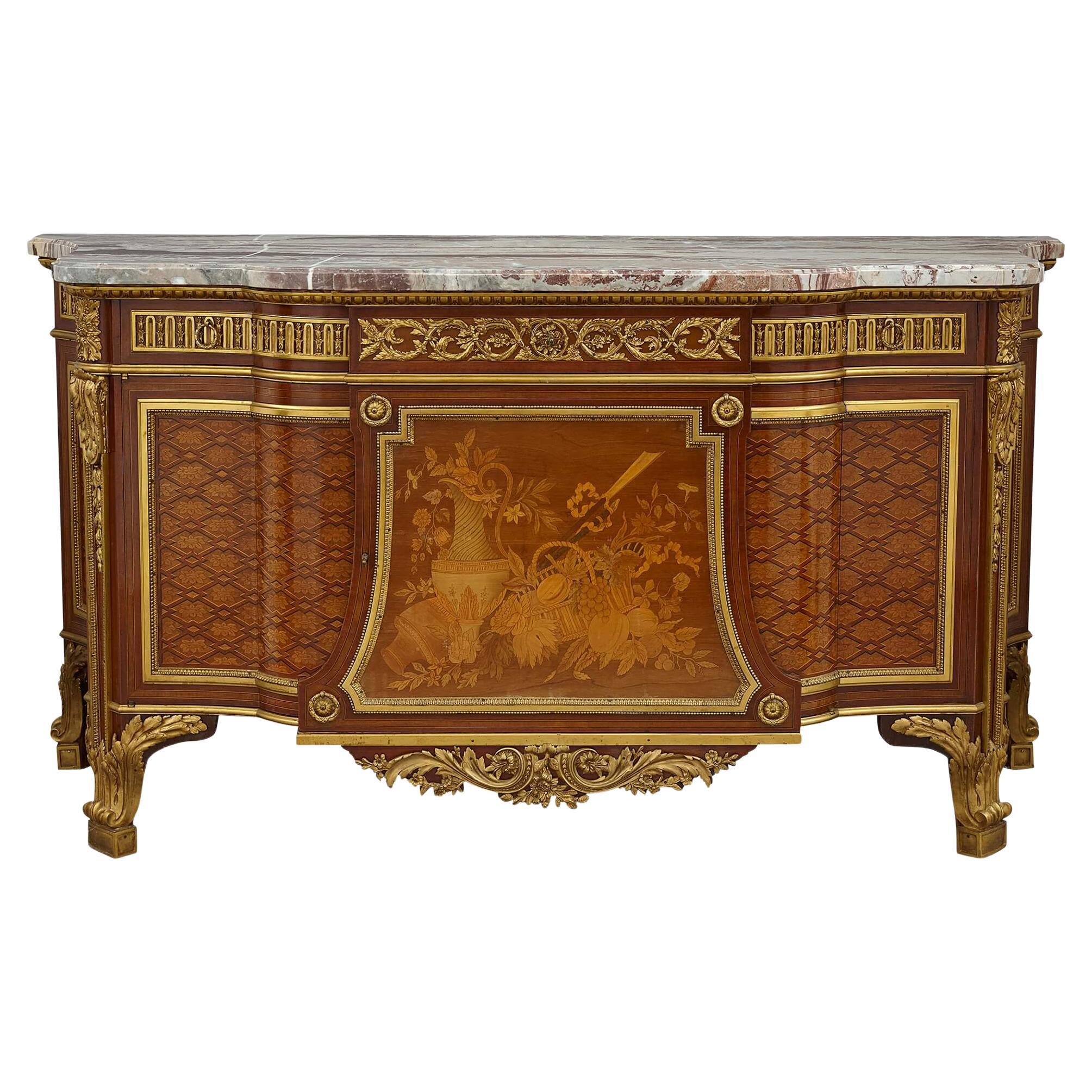 Commode en marqueterie de marbre surmontée de marbre d'après Riesener