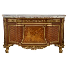 Antique Marble Topped Marquetry Commode After Riesener