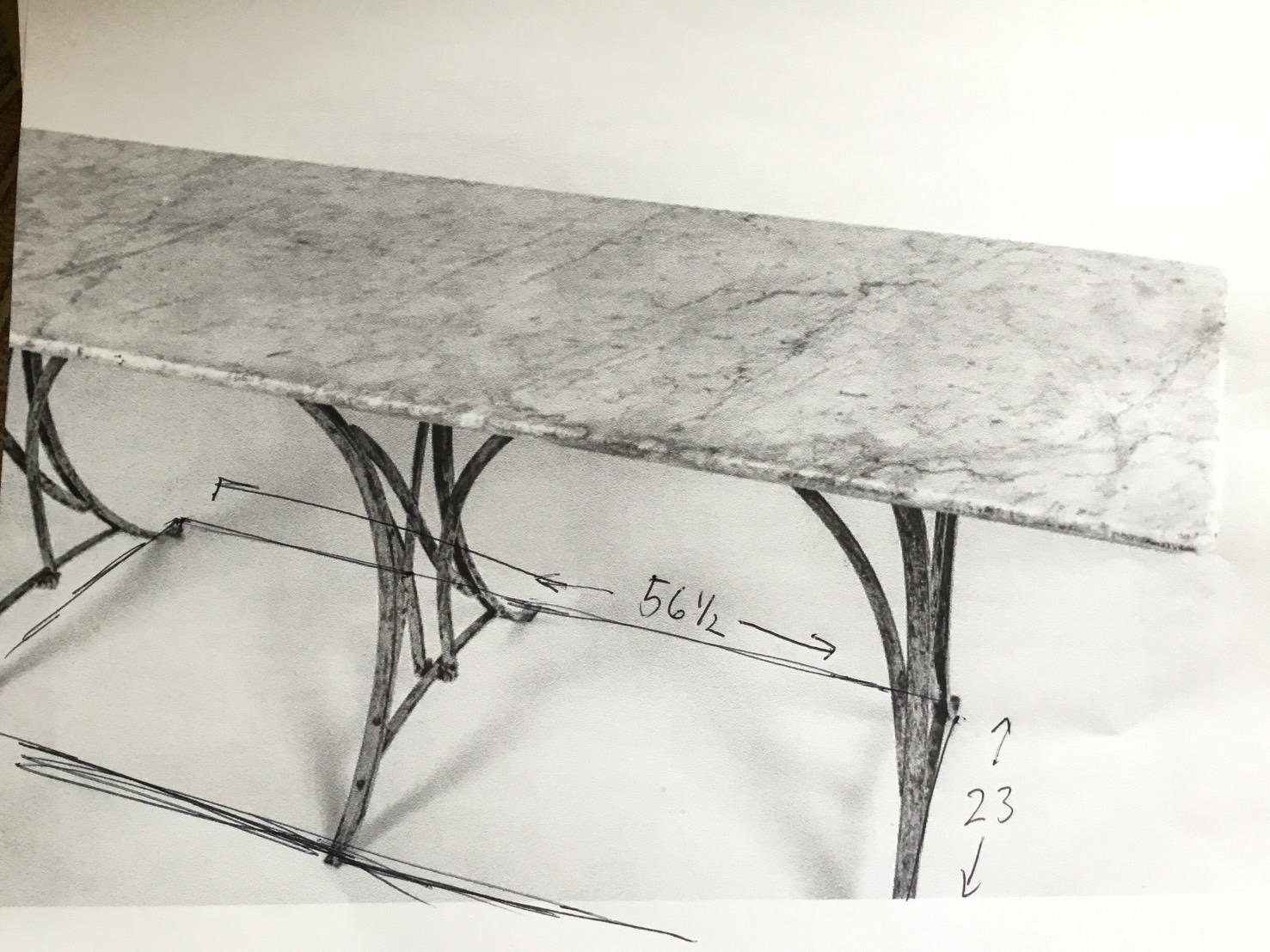 Marble topped table, Verdis wrought iron base, can be used inside outside. 4