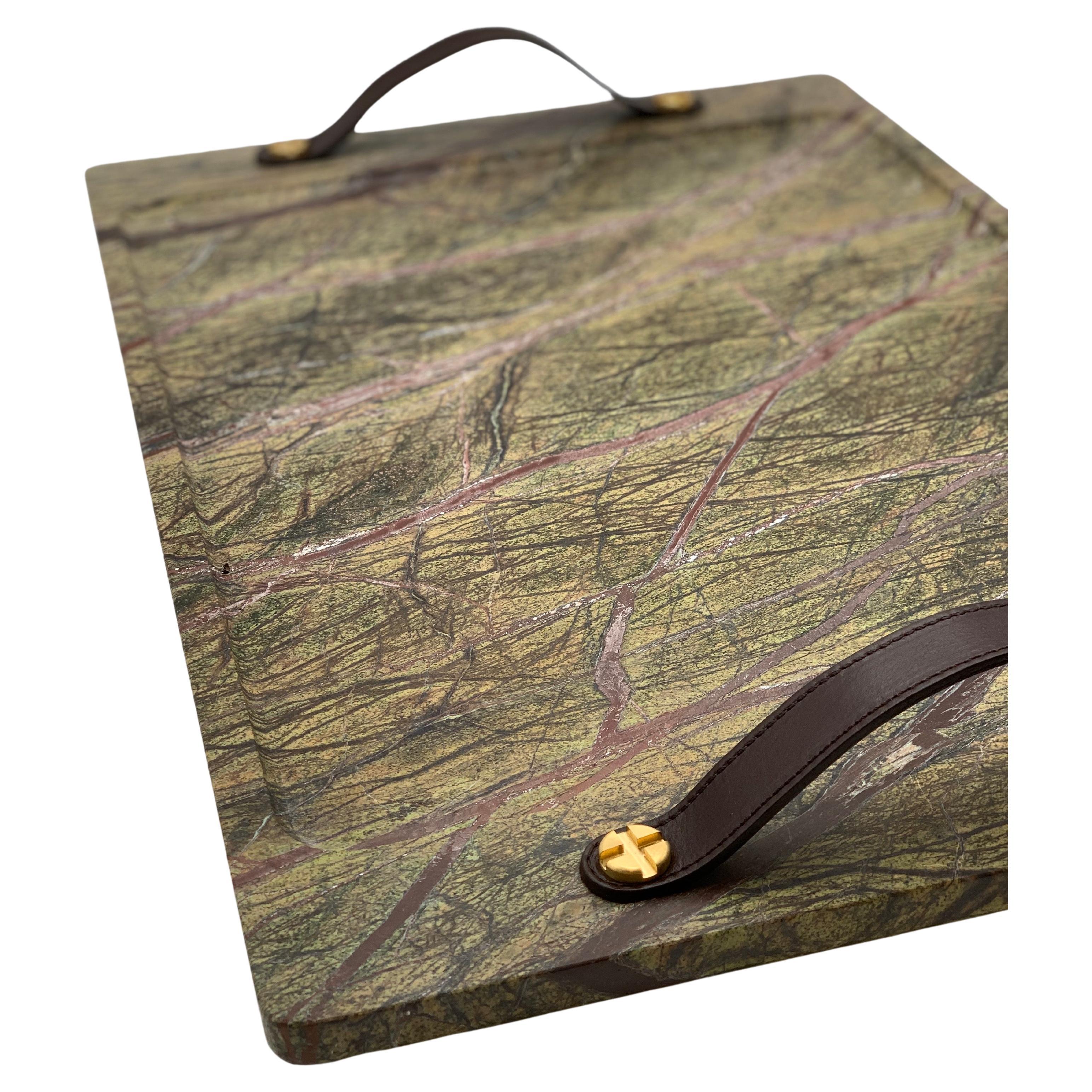 Grand plateau en marbre, ton bidasar avec sangles en cuir