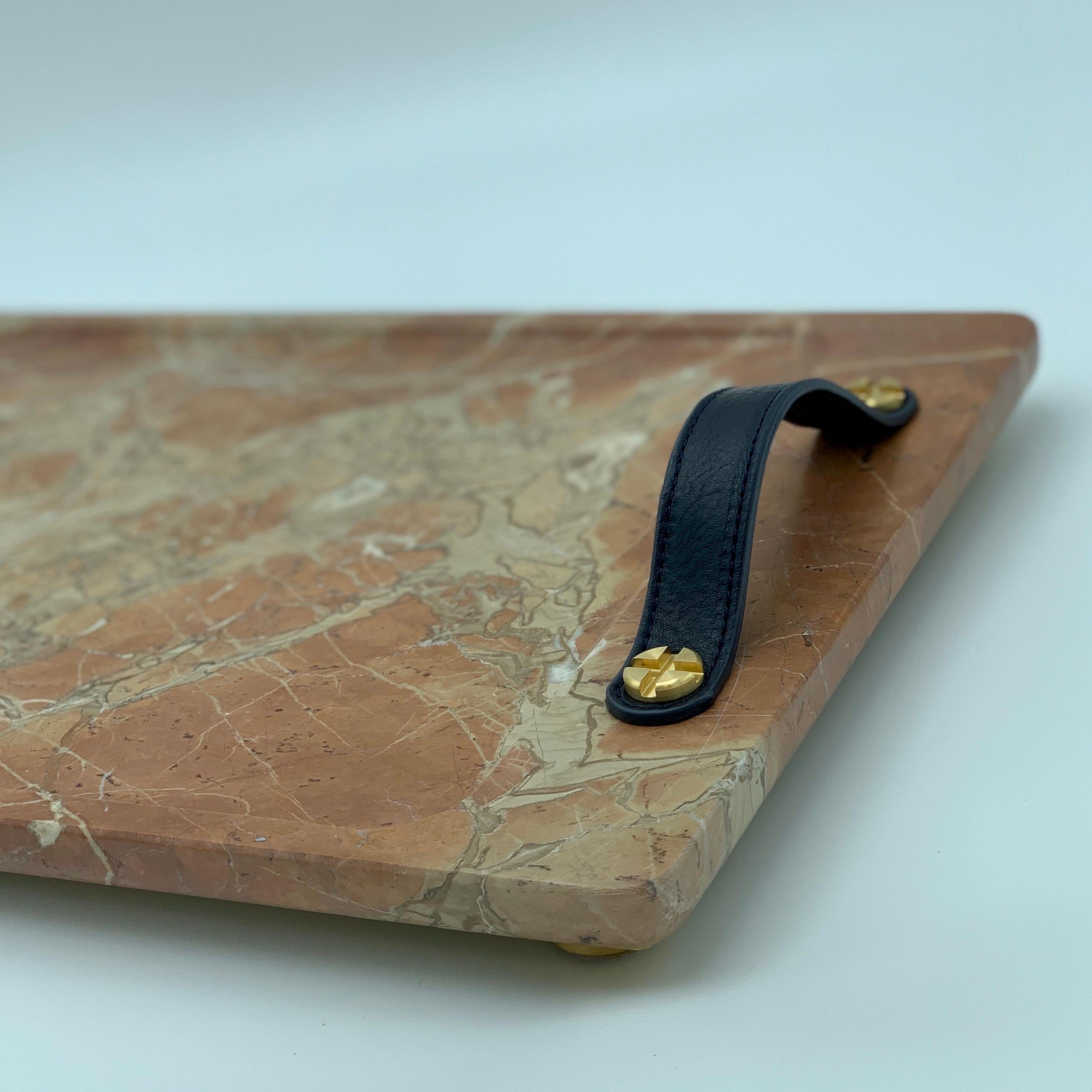 Marble Tray Reddish Color, with Leather Straps, Large For Sale 1