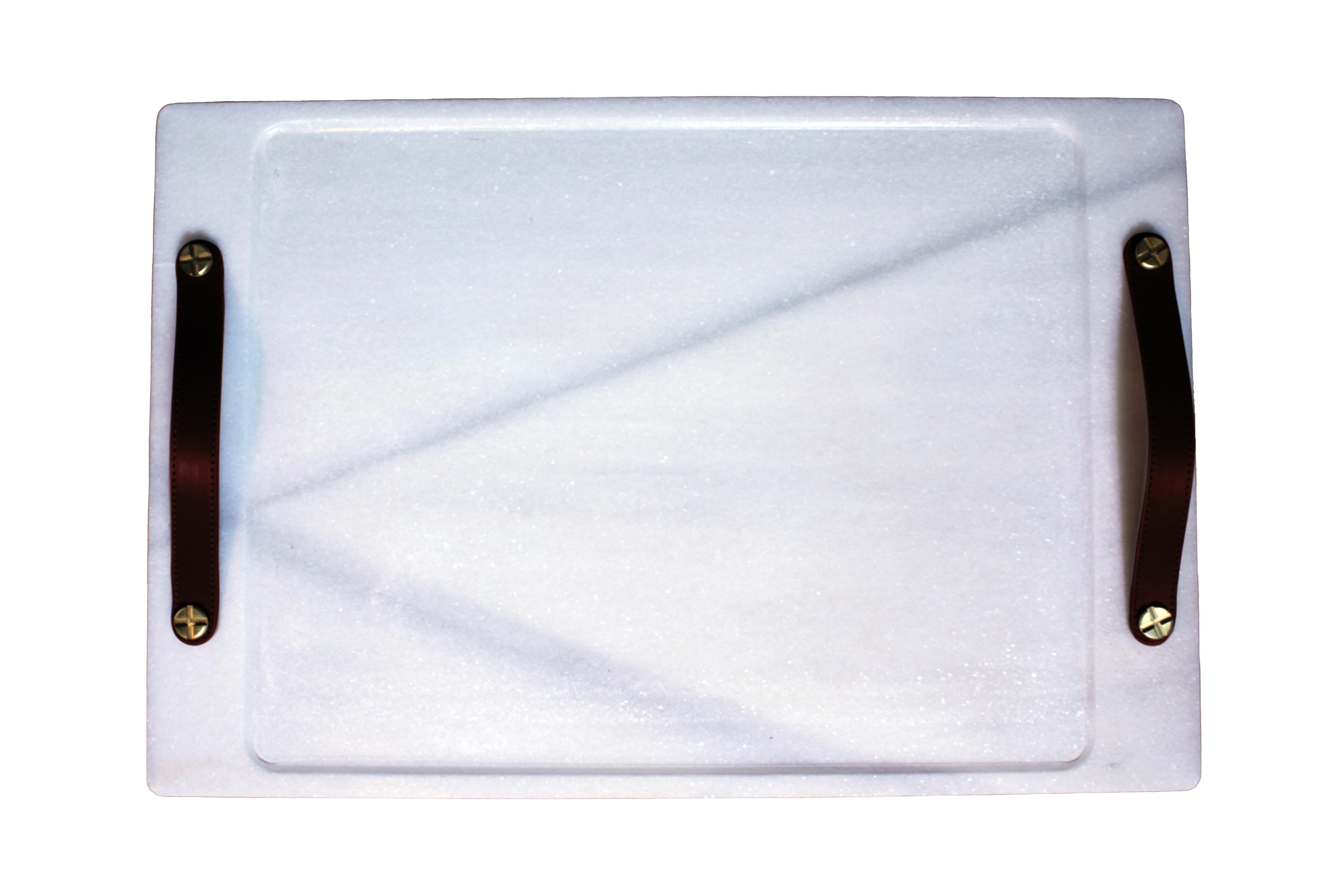 Modern Marble Tray, Macael Tone with Leather Straps, Large For Sale