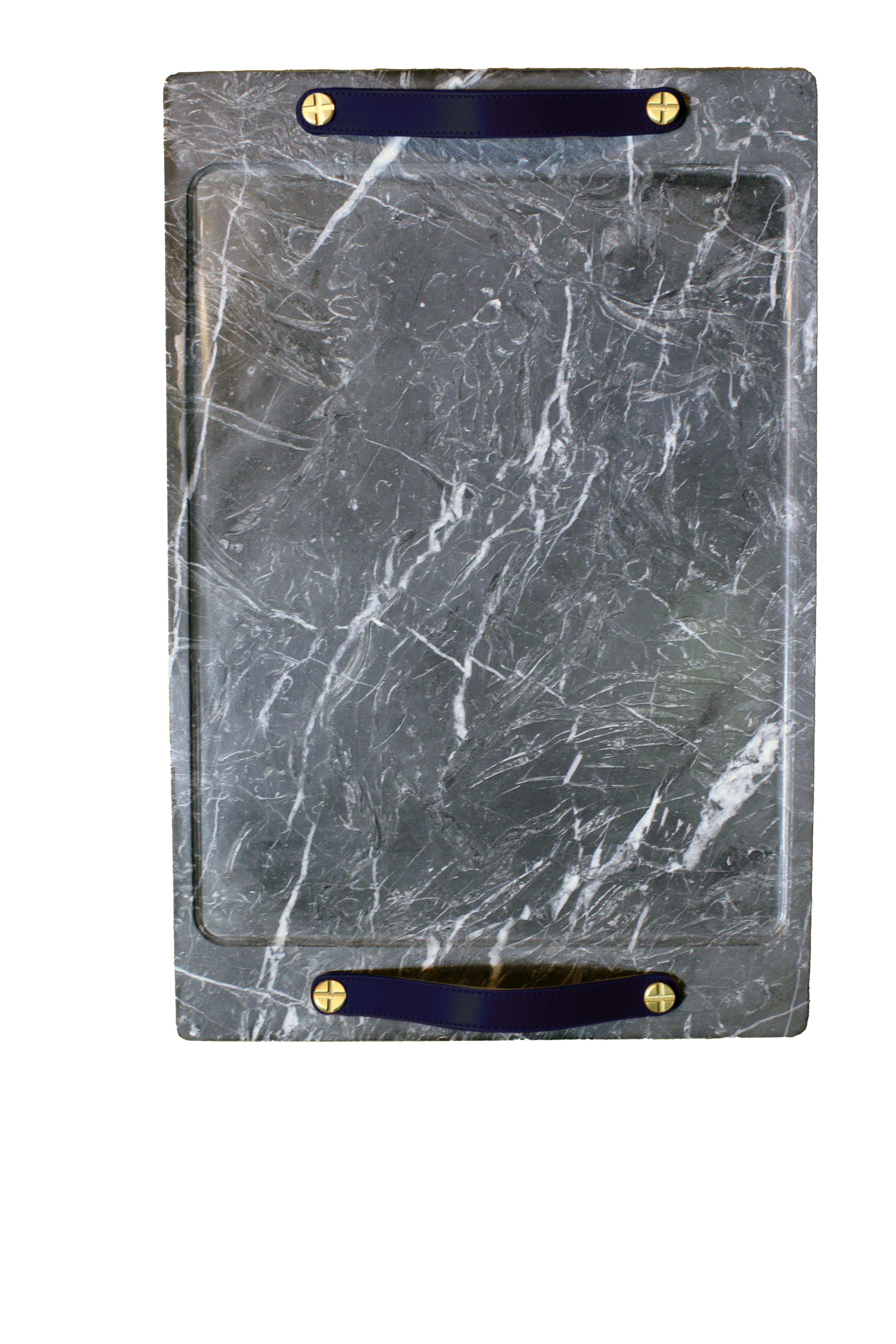 Marble Tray Marquina Color with Leather Straps, Large For Sale 1