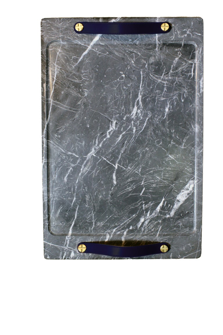 Marble Tray Marquina Color with Leather Straps, Large For Sale 2
