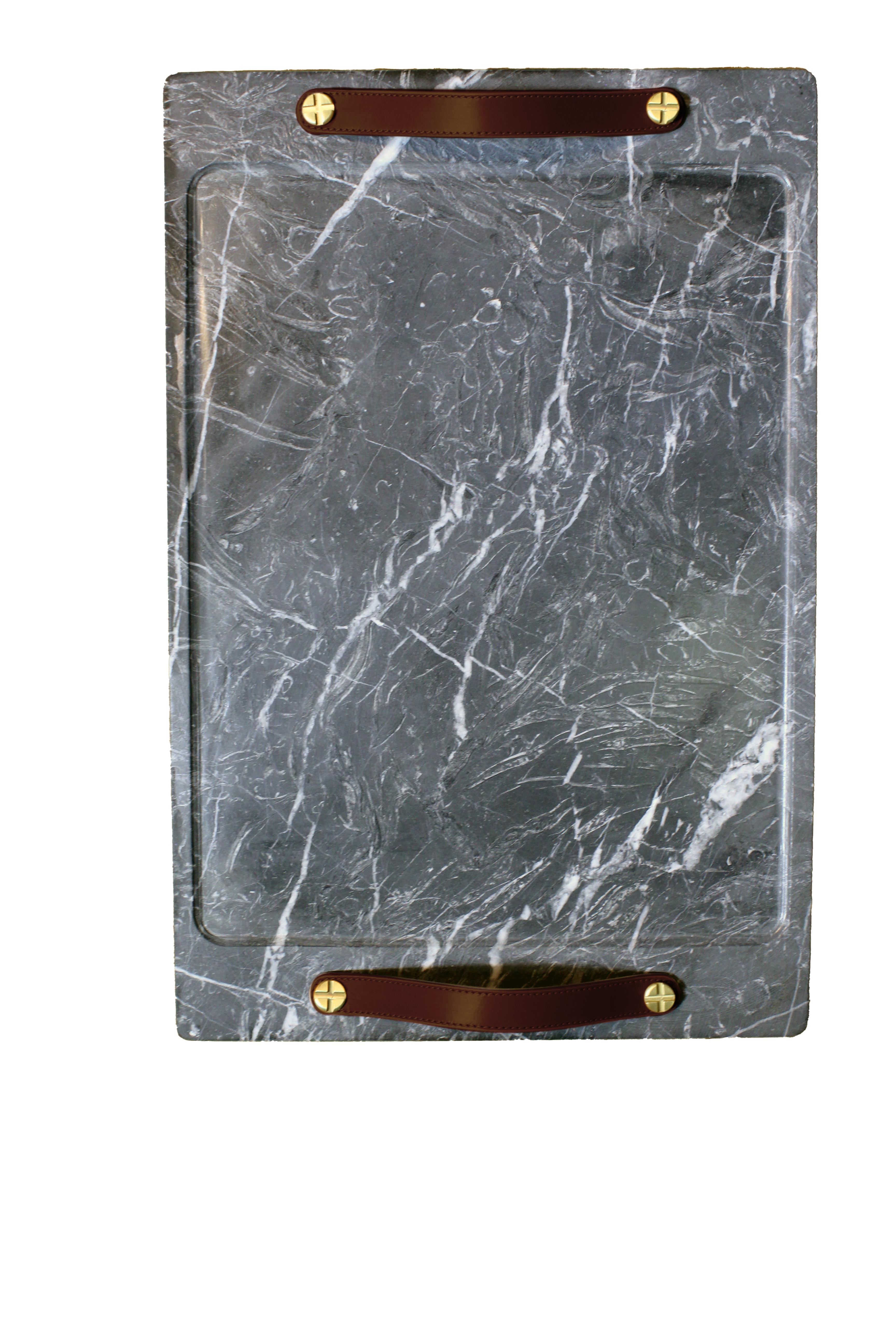 Contemporary Marble Tray Marquina Color with Leather Straps, Large For Sale