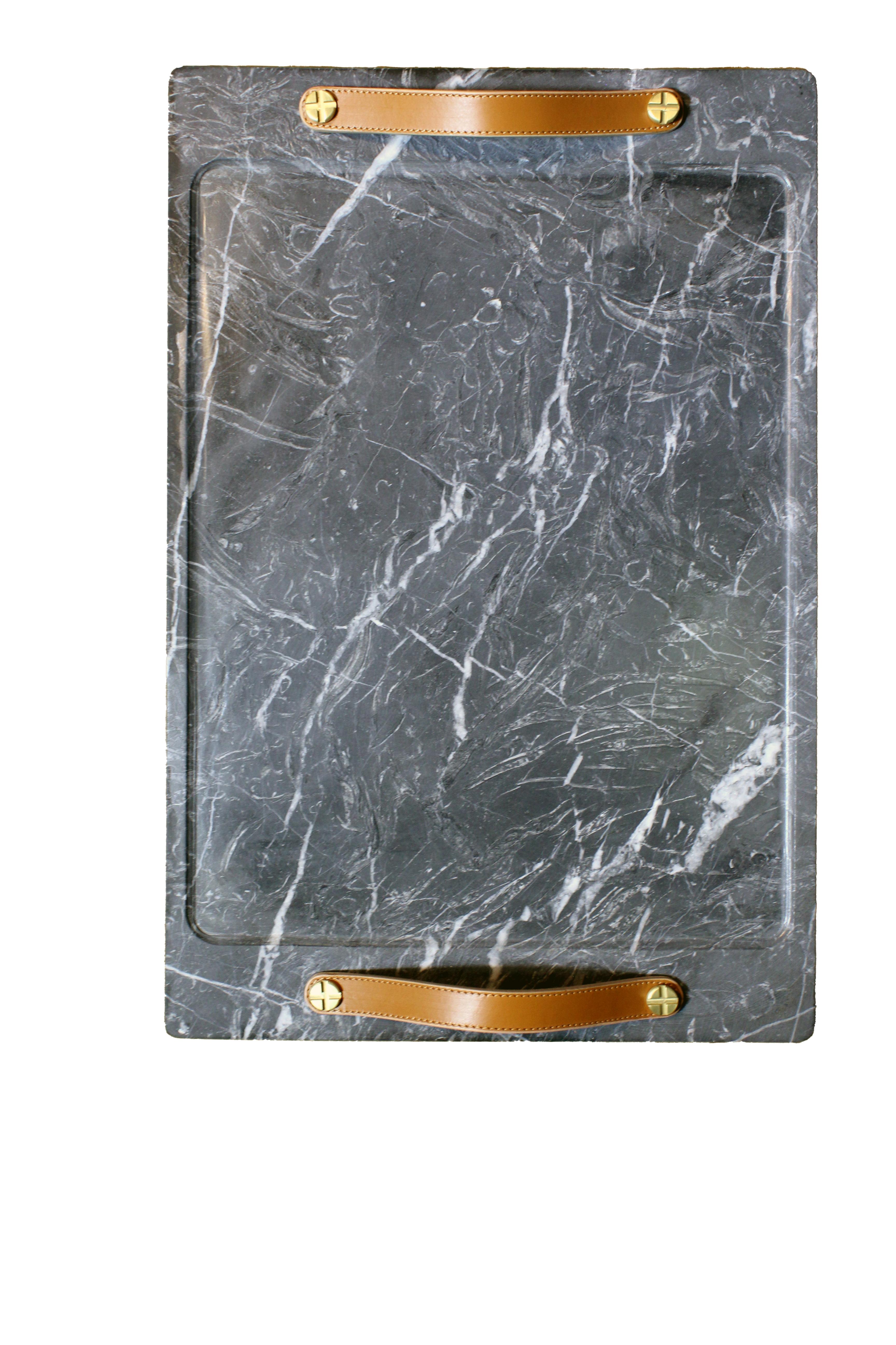 Marble Tray Marquina Color with Leather Straps, Large For Sale 2