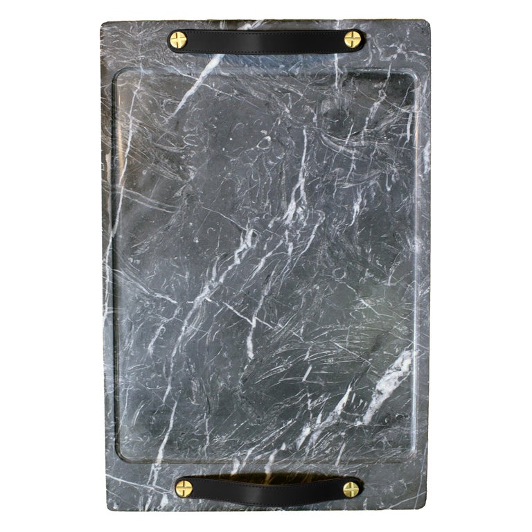 Marble Tray Marquina Color with Leather Straps, Large For Sale