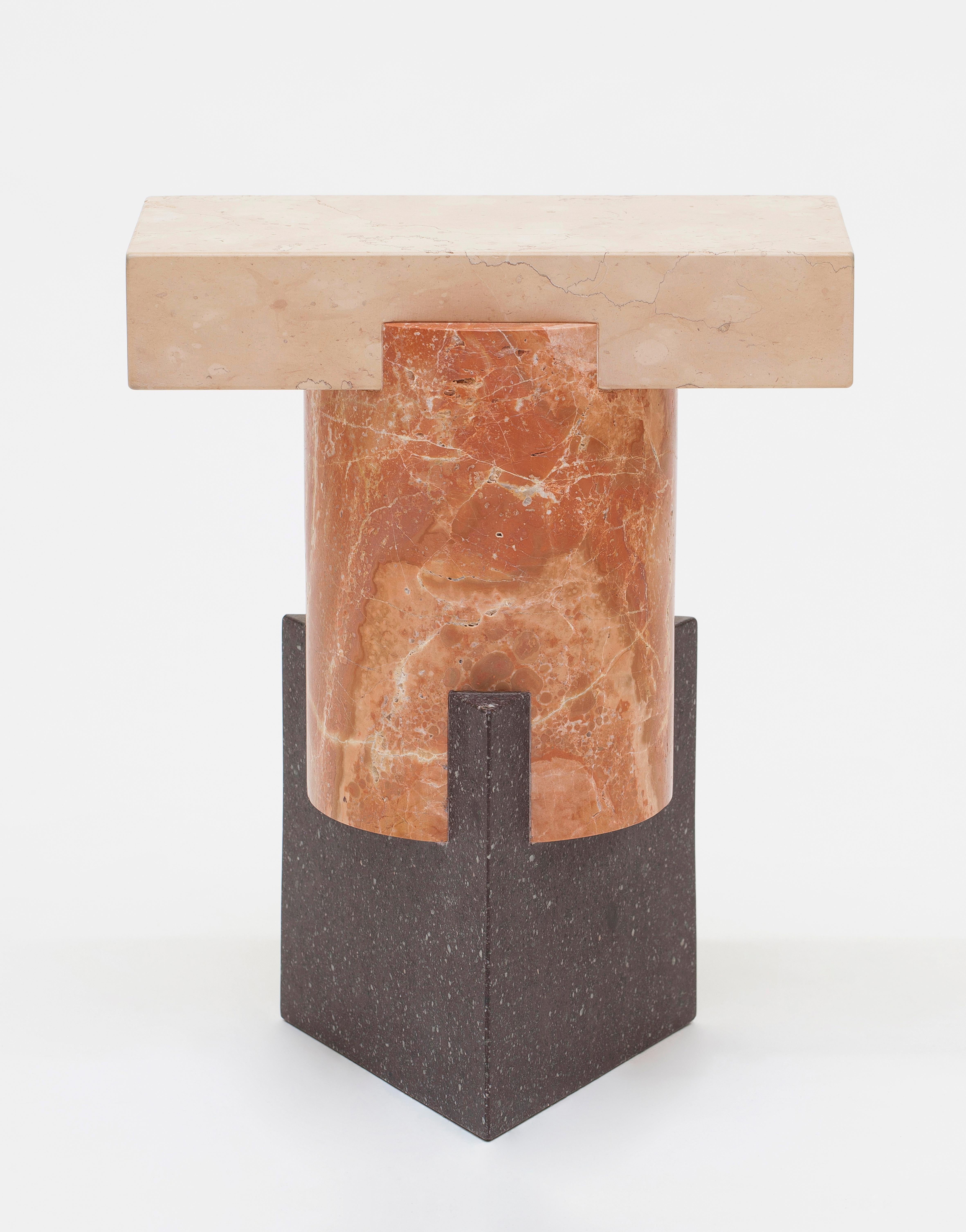Marble Tuskan chroma stool by Oeuffice
Edition: 12 + 2AP
2014
Dimensions: 34 x 21 x 42 cm
Materials: Rosa Perlino marble, Rosso Alicante marble, Porfido Red marble

Kapital is a series of limited edition tables and stools based on essential