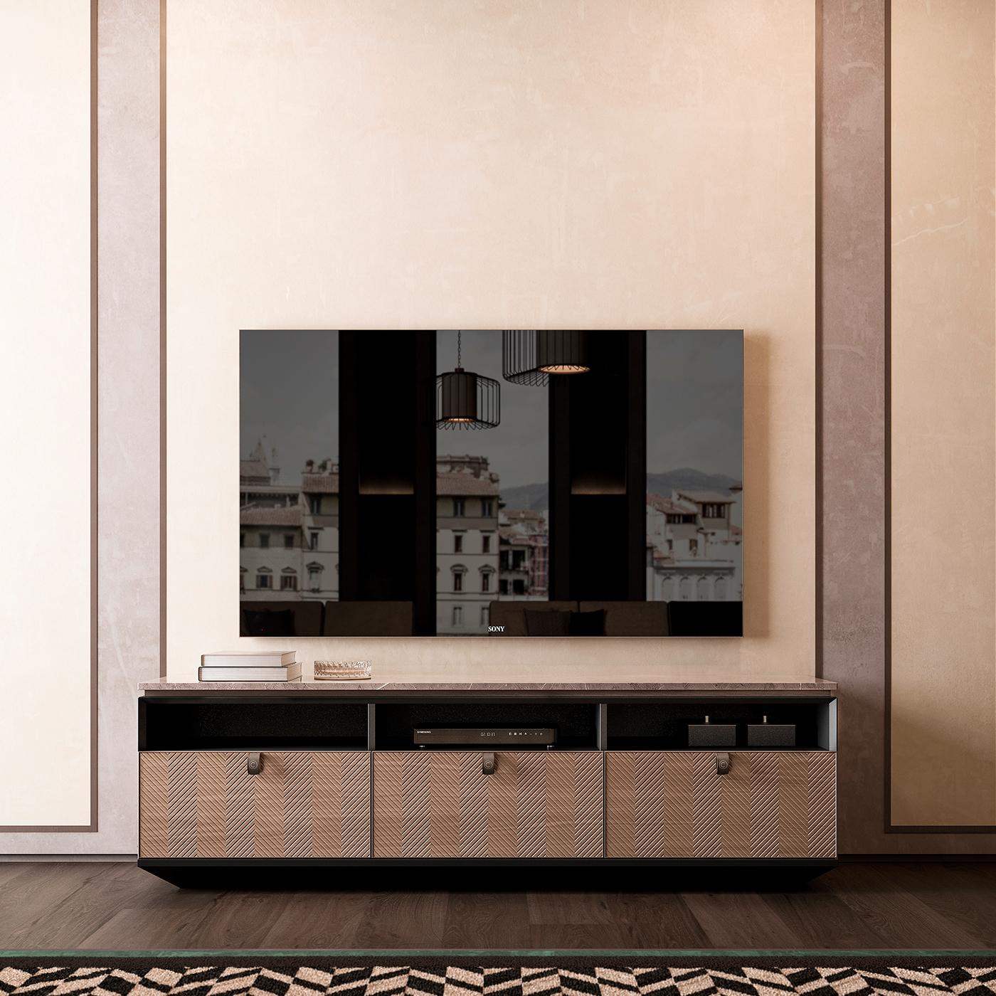 Timeless materials meet original contemporary design in this marble TV stand. Featuring a chic marble surface, the cabinet comes with three slots for DVD players, a gaming system and modem as well as three spacious drawers, accented with a unique