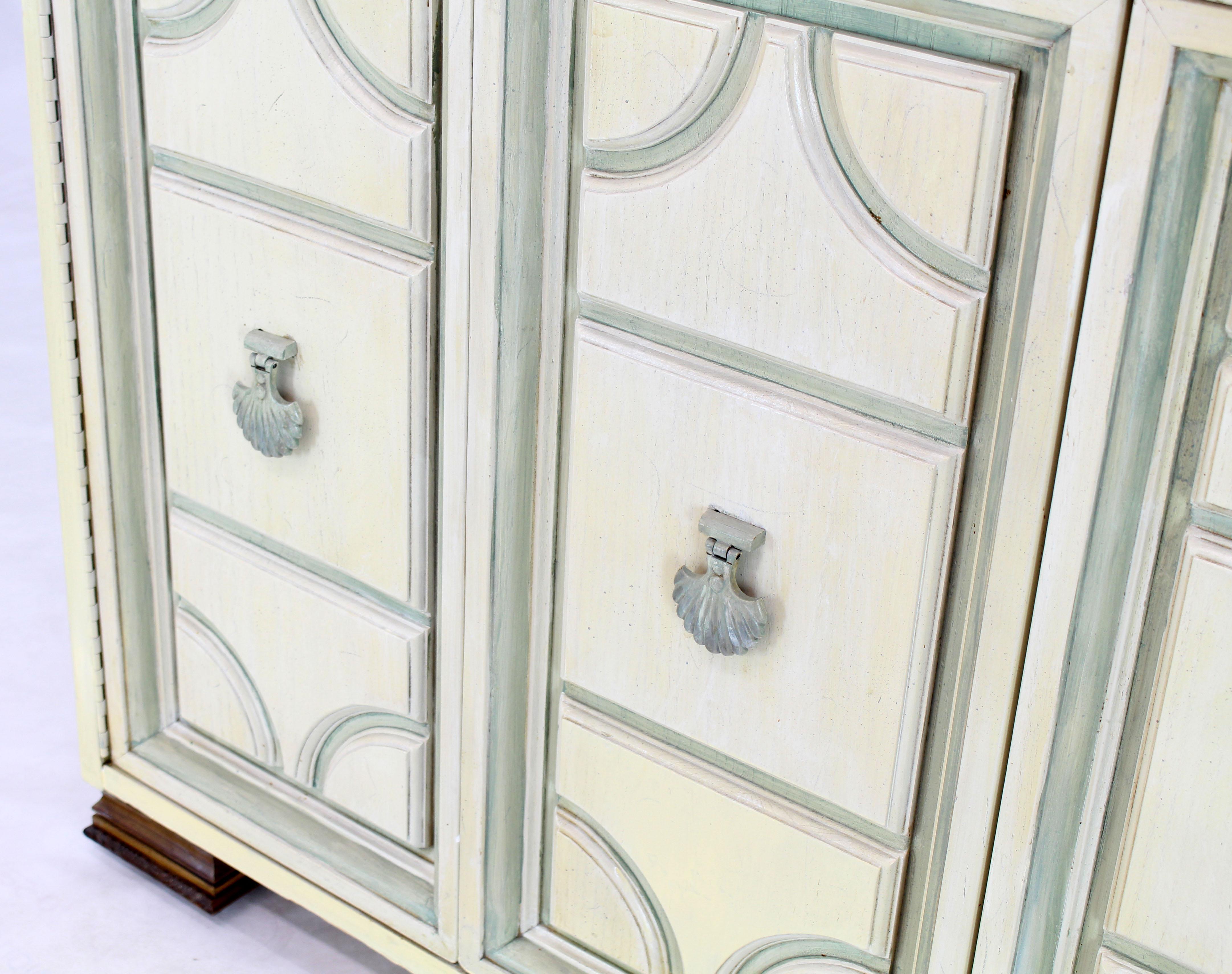 Two tone white cream light grey paint decorated marble top folding doors two drawers bachelor petit credenza dresser chest hall entry cabinet.