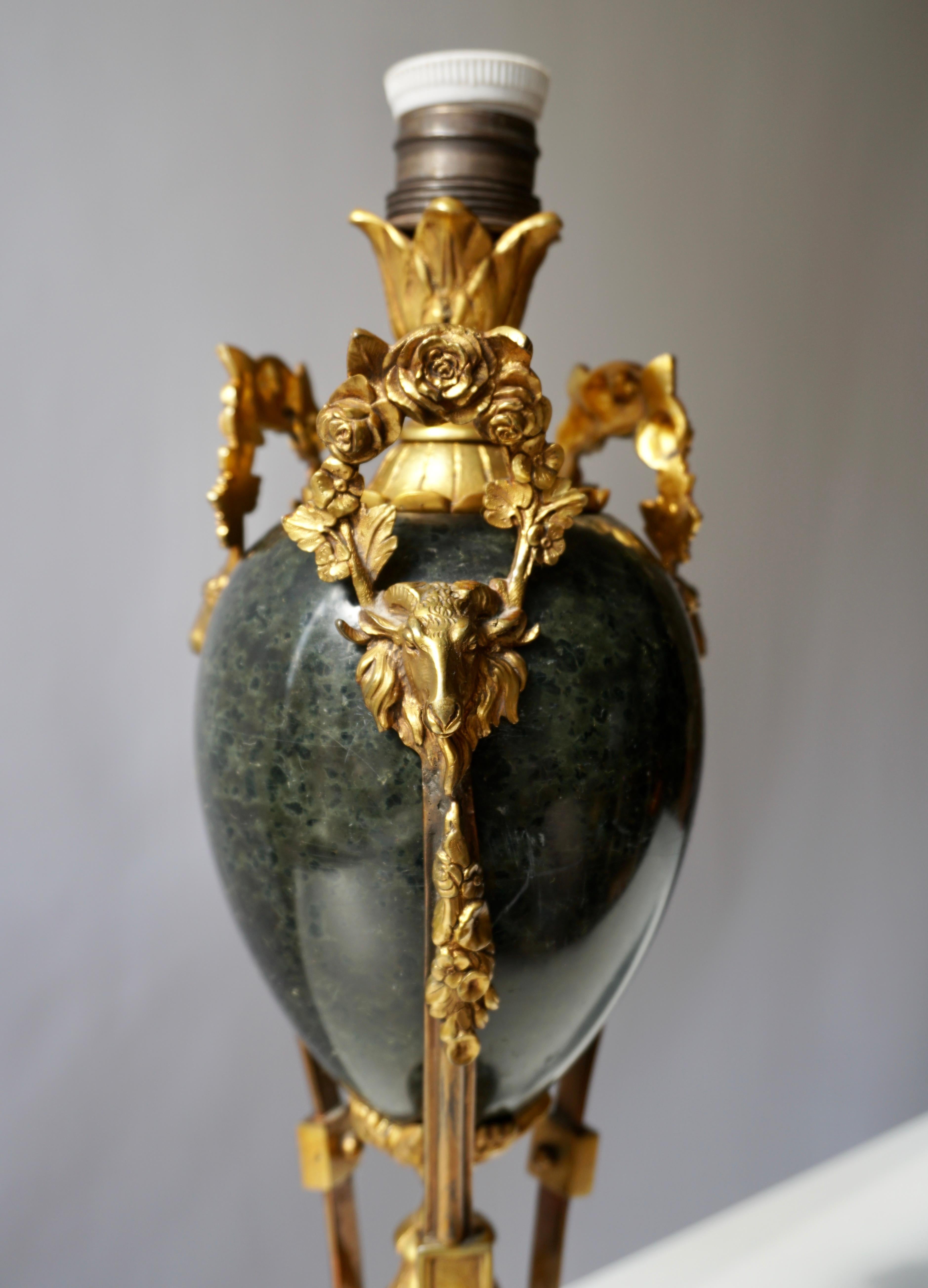 Brass Marble Urn Form Lamp with Bronze Rams Heads and Ormolu For Sale