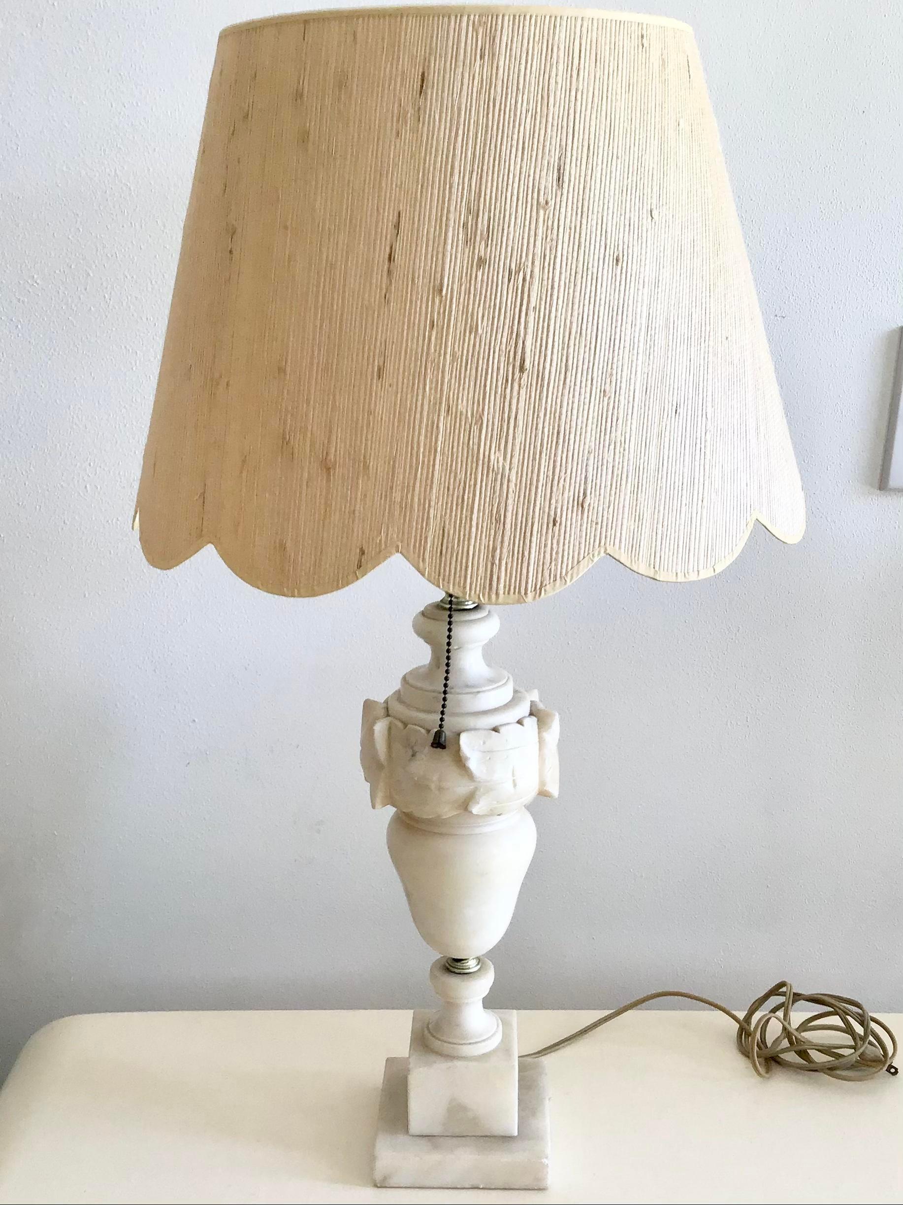 Super Cool Marble Urn Form Table lamp with custom Raffia Lamp Shade. Really Great Design and will be a lovely addition to your interiors.