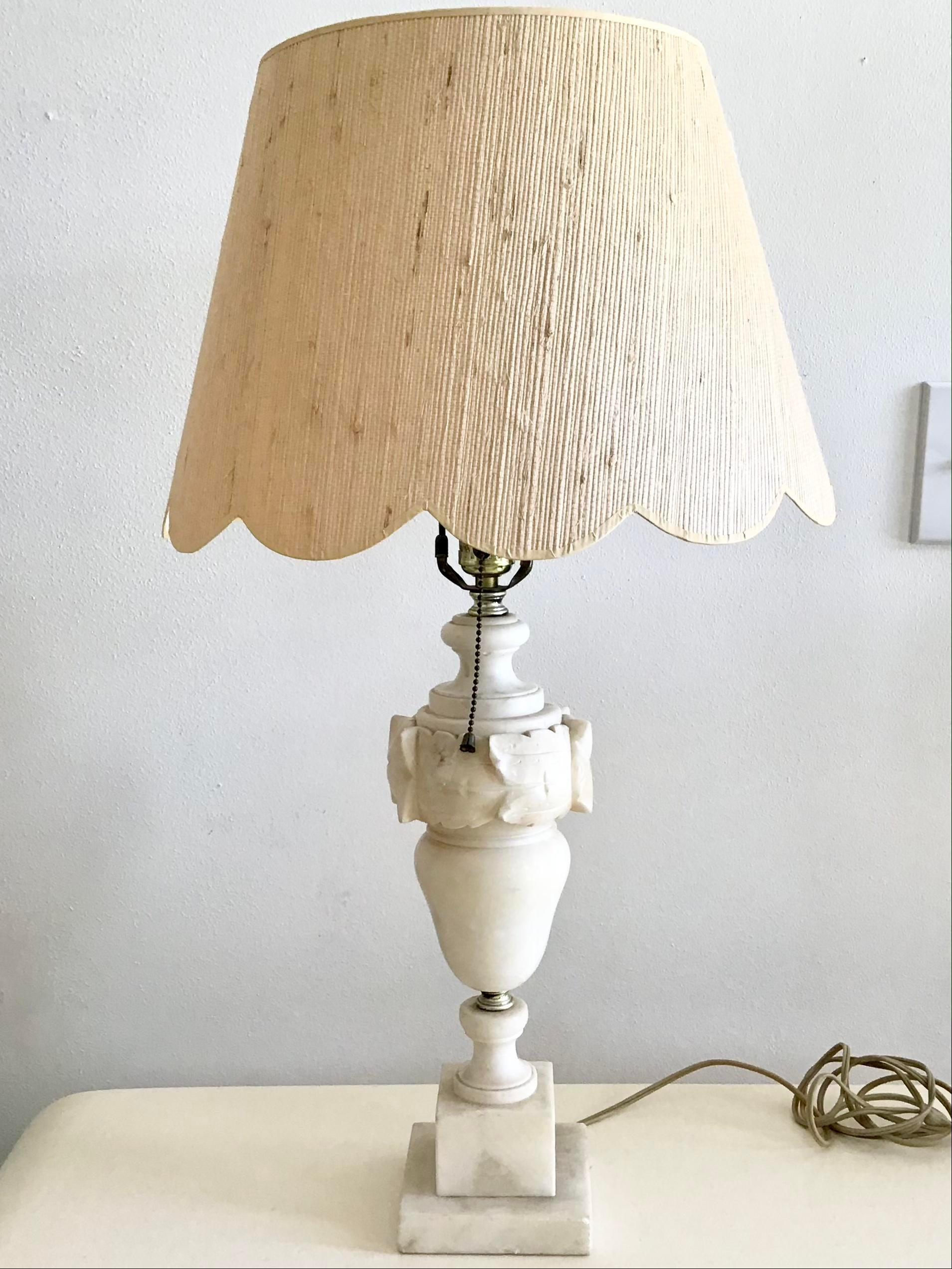 Hollywood Regency Marble Urn Table Lamp with Raffia Shade For Sale