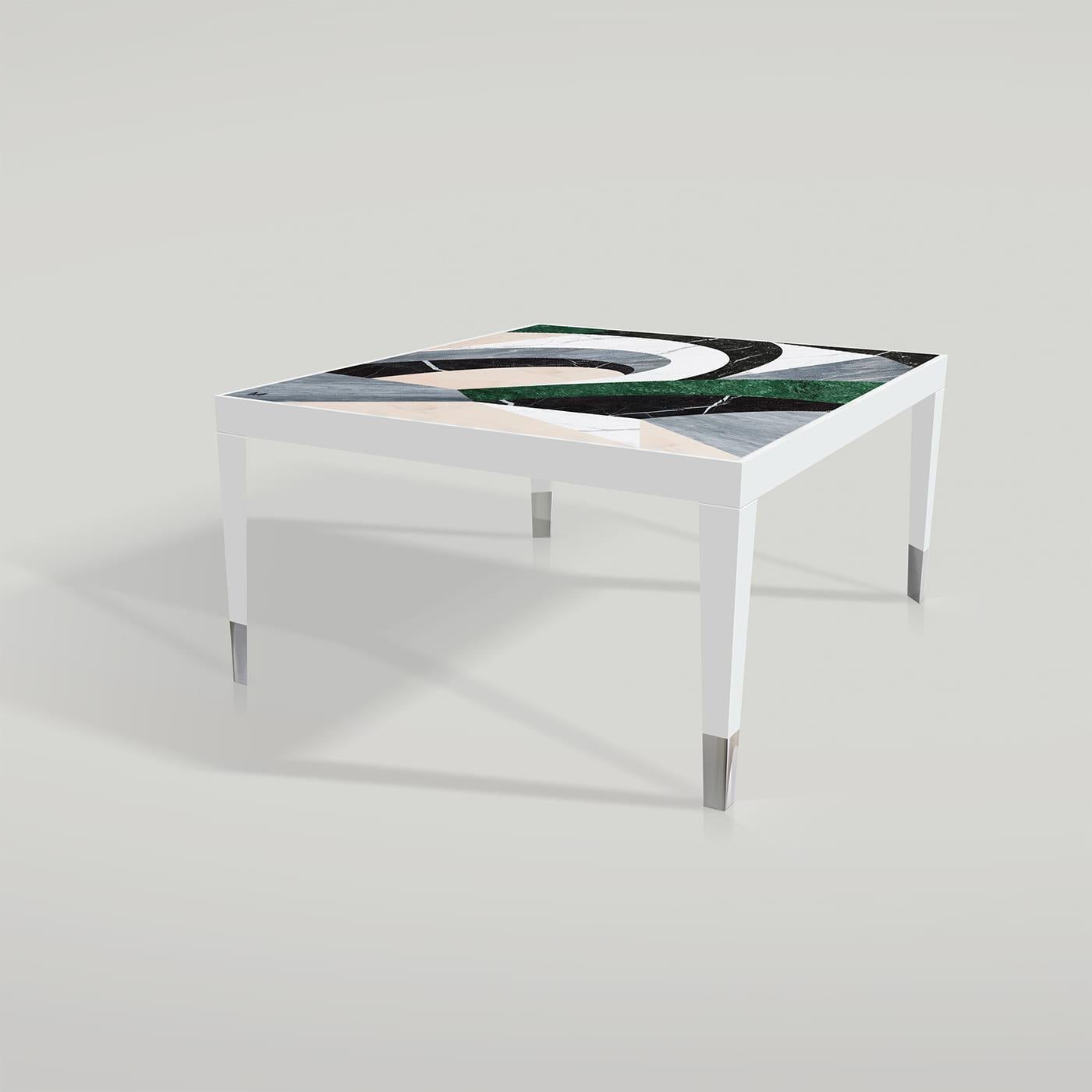 An evocative tribute to Turin's historic boulevard's arched porticoes, this stunning Via Roma large coffee table boasts a glossy white wood frame with exquisite marble inlays creating impressive chromatic contrasts in its abstract pattern.