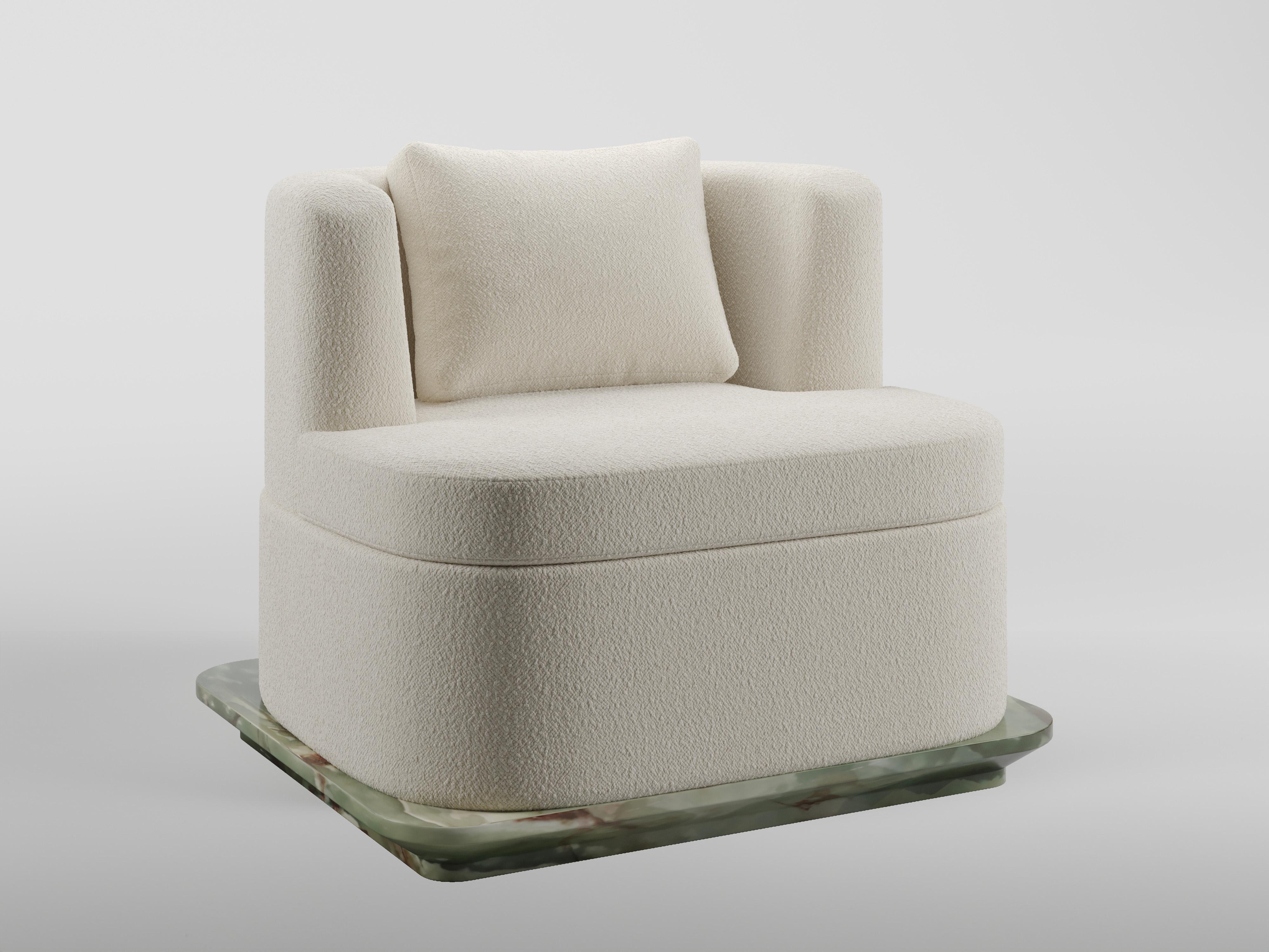Marble Yro Armchair by KY ARCHITECTURE
Dimensions: W 90 x D 80 x H 85 cm
Materials: Marble Base. Fabric. 
Available Finishes : Dedar and Pierre Frey fabrics.

Kelly Boukobza is the founder of KY Architecture.
Passionate about architecture since her