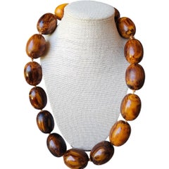 Marbled Amber Brown Bakelite Graduated Oval Bead Statement Collar Necklace, 1930