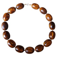 Marbled Amber Brown Bakelite Graduated Oval Bead Statement Collar Necklace, 1930