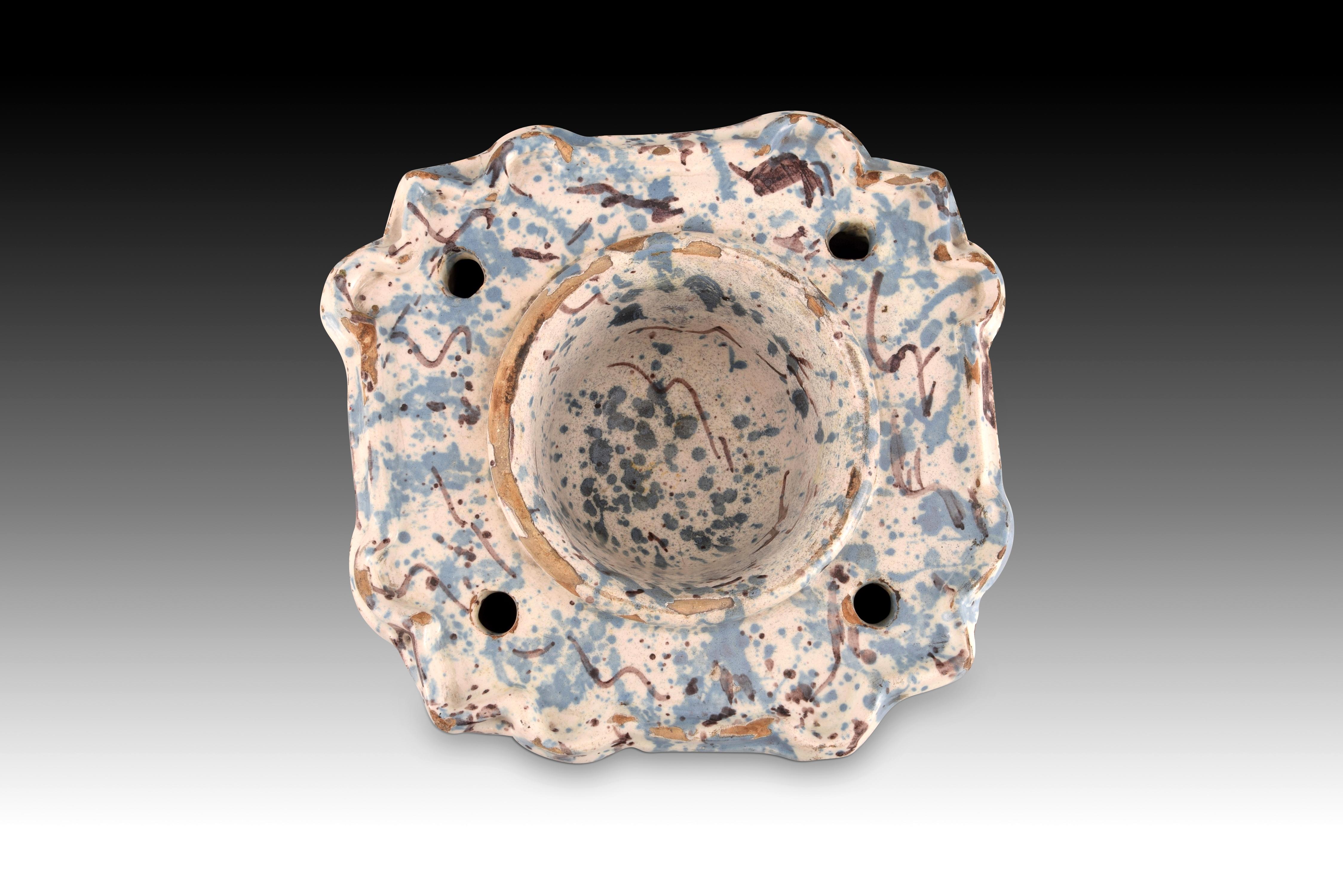 18th Century and Earlier Marbled Ceramic Inkwell, Possibly Talavera, Spain, 17th Century