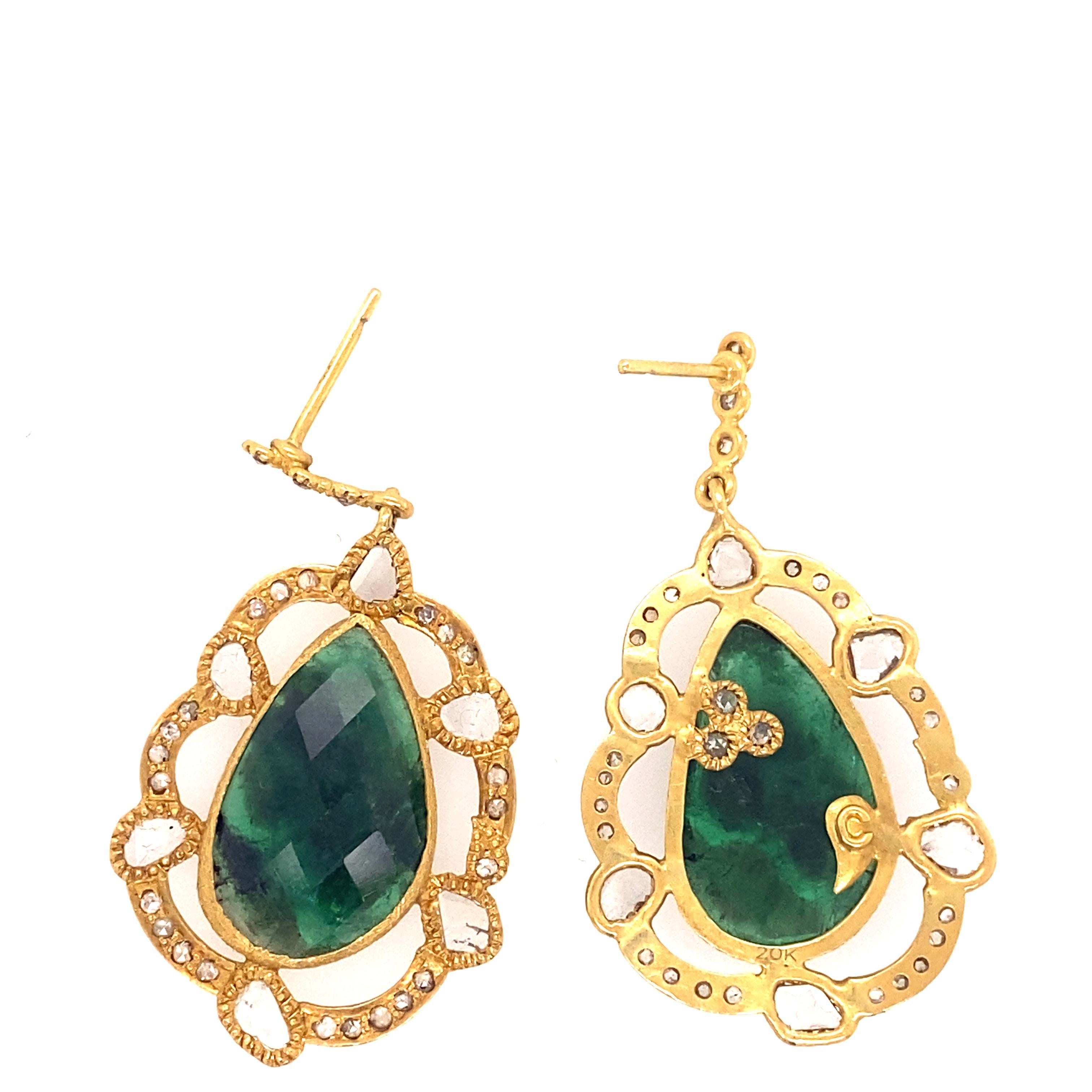Affinity Emerald Slice Earrings With 13.06 Carat Emeralds and 1.48 Carat Diamonds. These Emeralds and Diamonds Are Set In A Timeless Design And 1.5 Inches In Length.