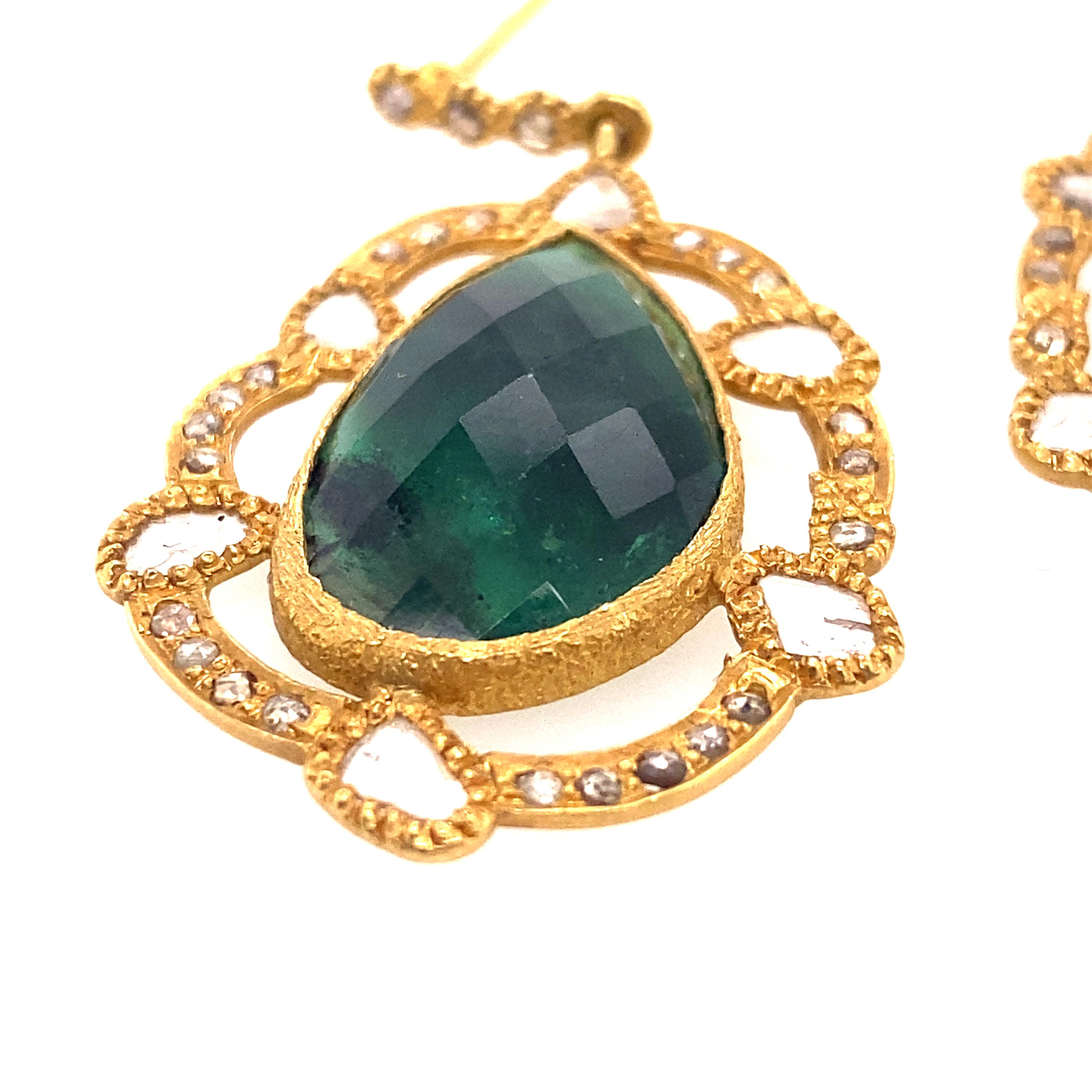Modern Marbled Emerald Slice Earrings with 1.48 Carat Diamonds