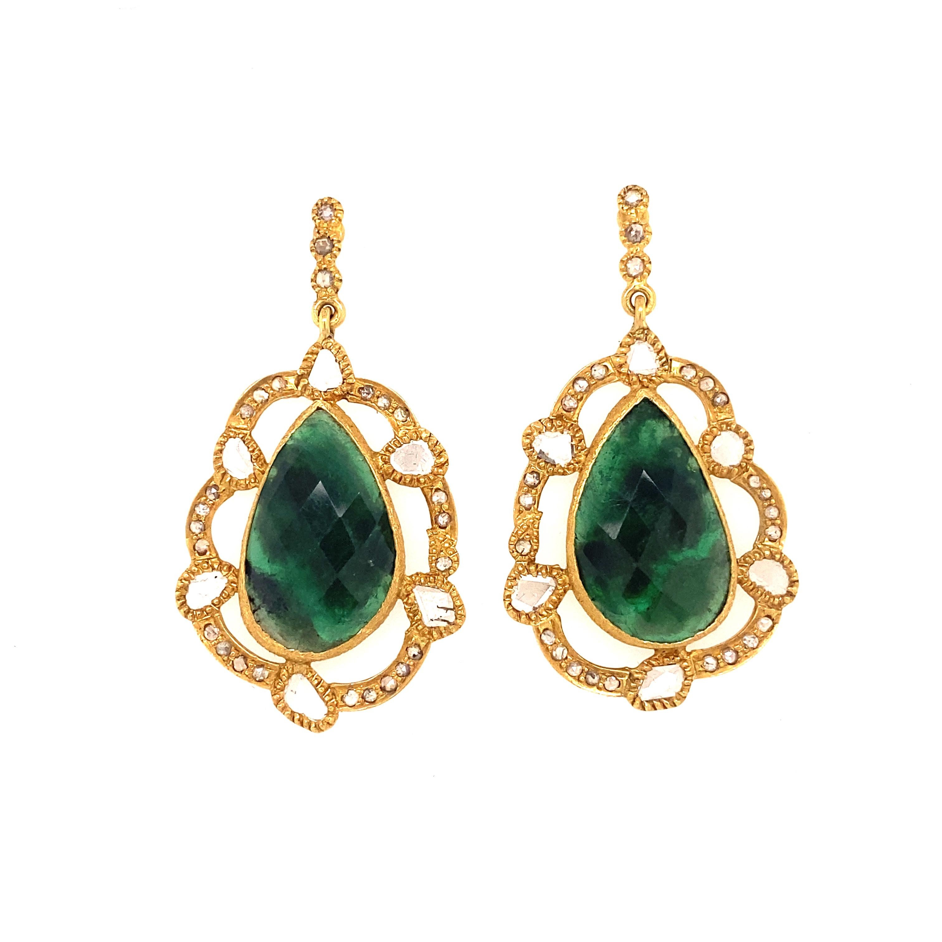 Rose Cut Marbled Emerald Slice Earrings with 1.48 Carat Diamonds