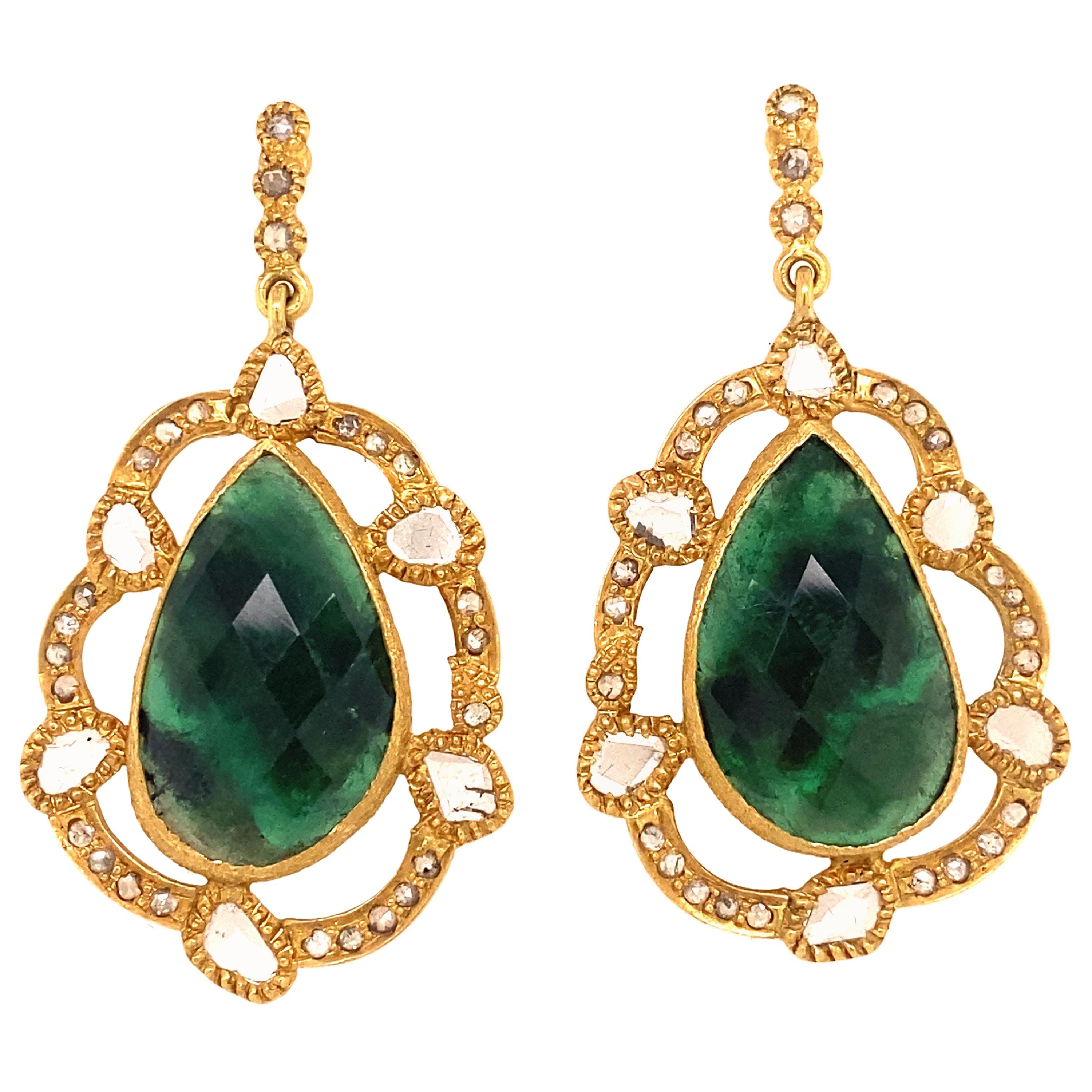 Marbled Emerald Slice Earrings with 1.48 Carat Diamonds