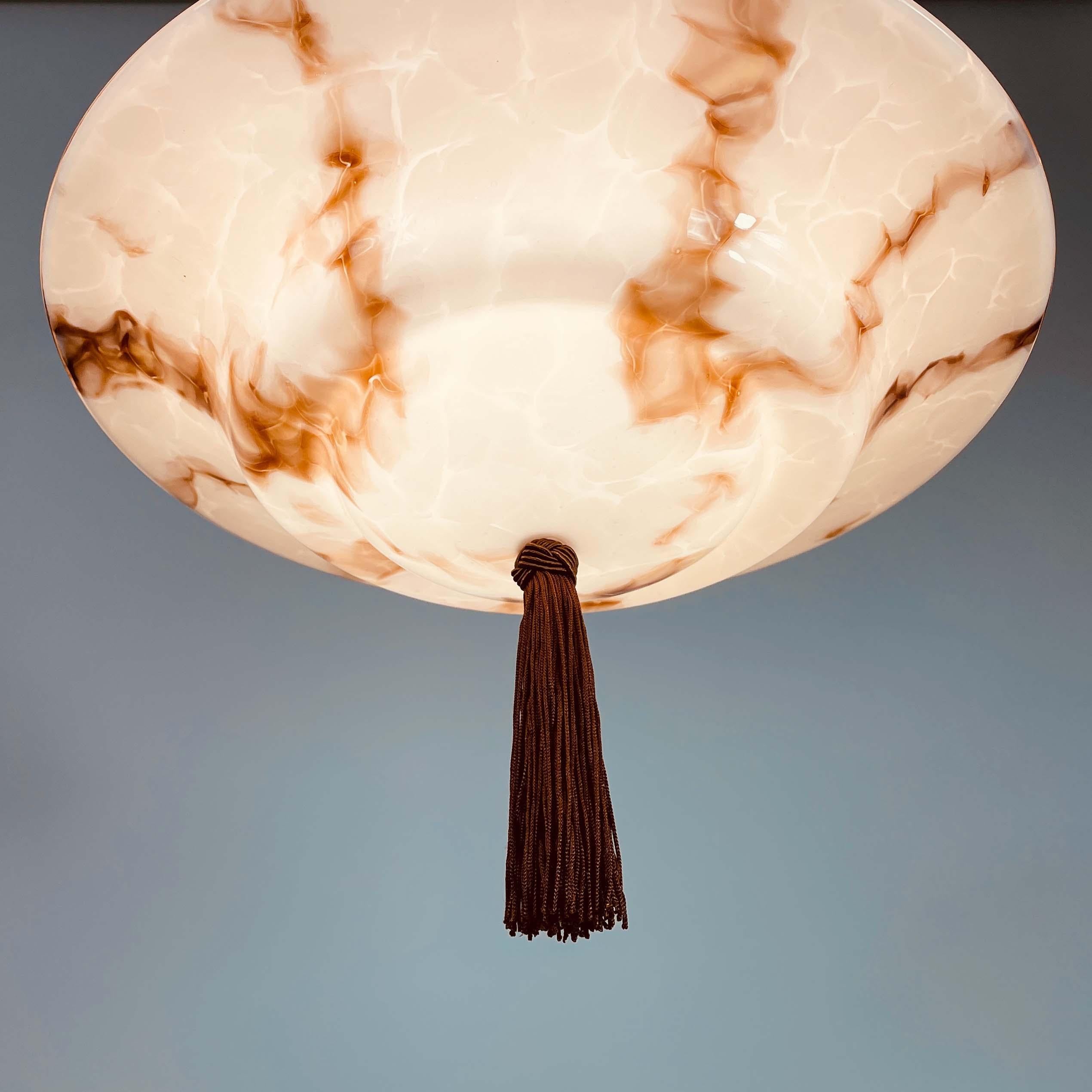 Marbled Pale Rose Opaline & Bronzed Pendant with Tassel, Germany 1920s 1930s For Sale 4
