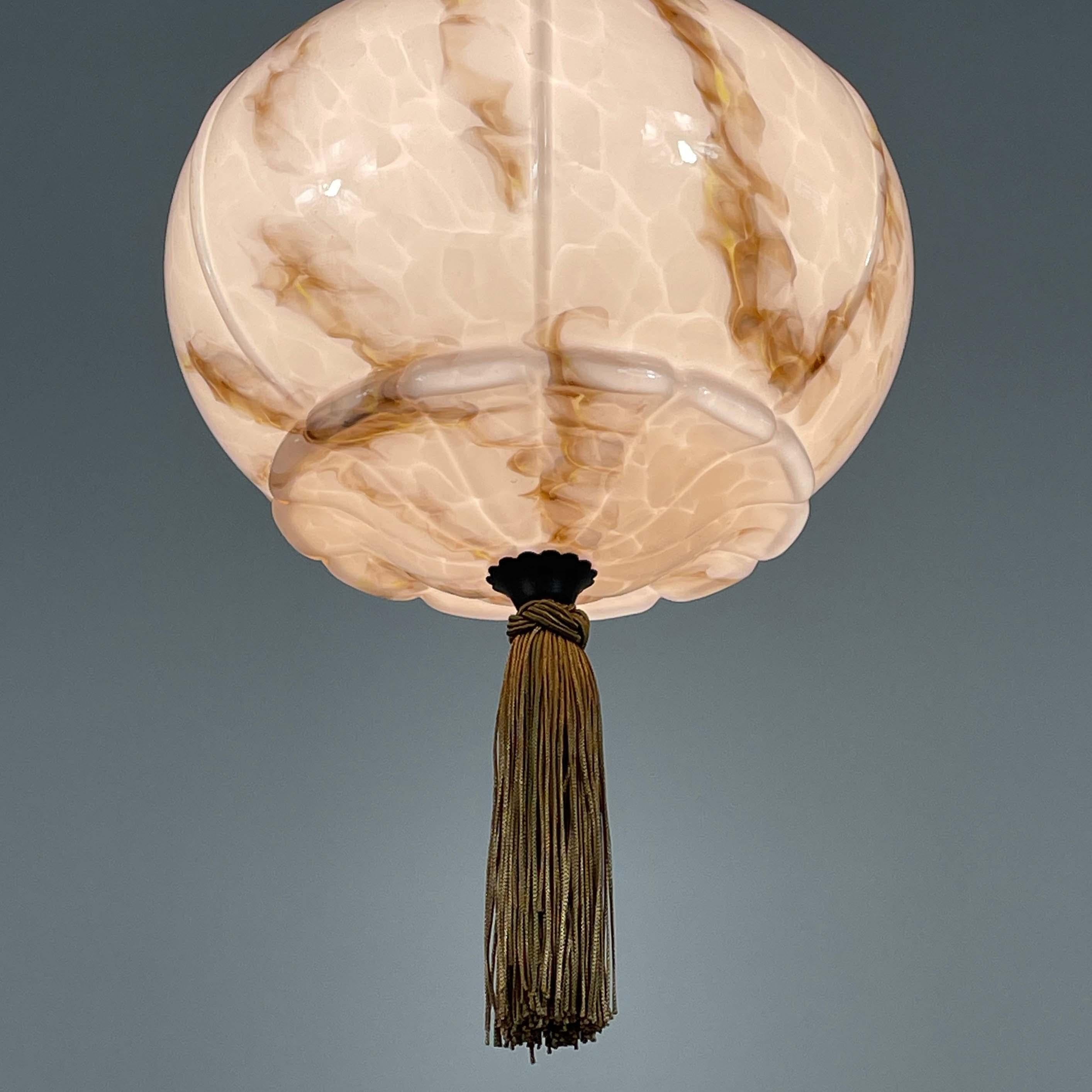Marbled Pale Rose Opaline & Bronzed Pendant with Tassel, Germany 1920s 1930s For Sale 4