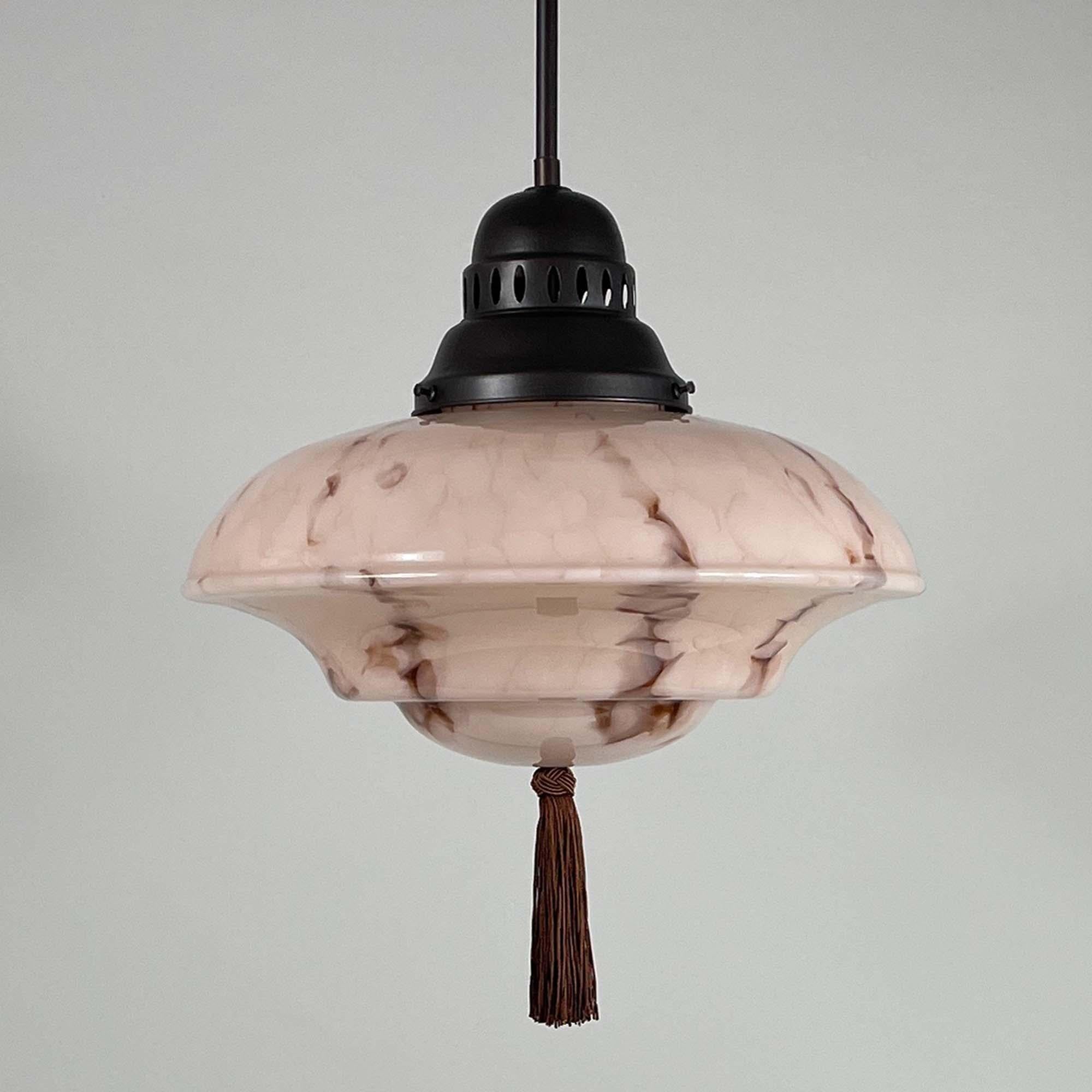 Metal Marbled Pale Rose Opaline & Bronzed Pendant with Tassel, Germany 1920s 1930s For Sale