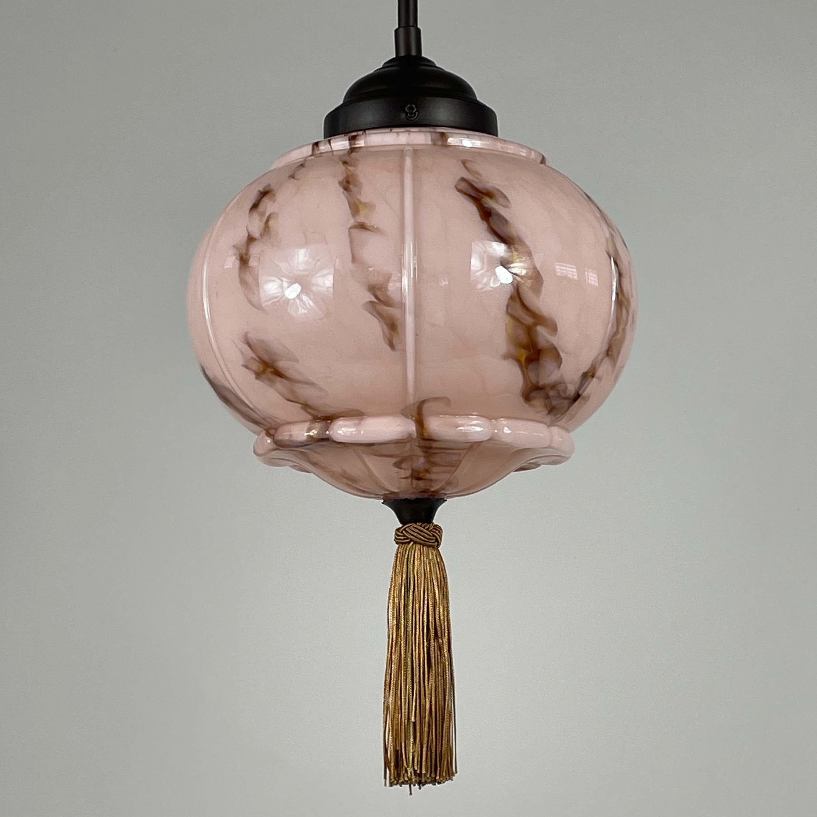 Metal Marbled Pale Rose Opaline & Bronzed Pendant with Tassel, Germany 1920s 1930s For Sale