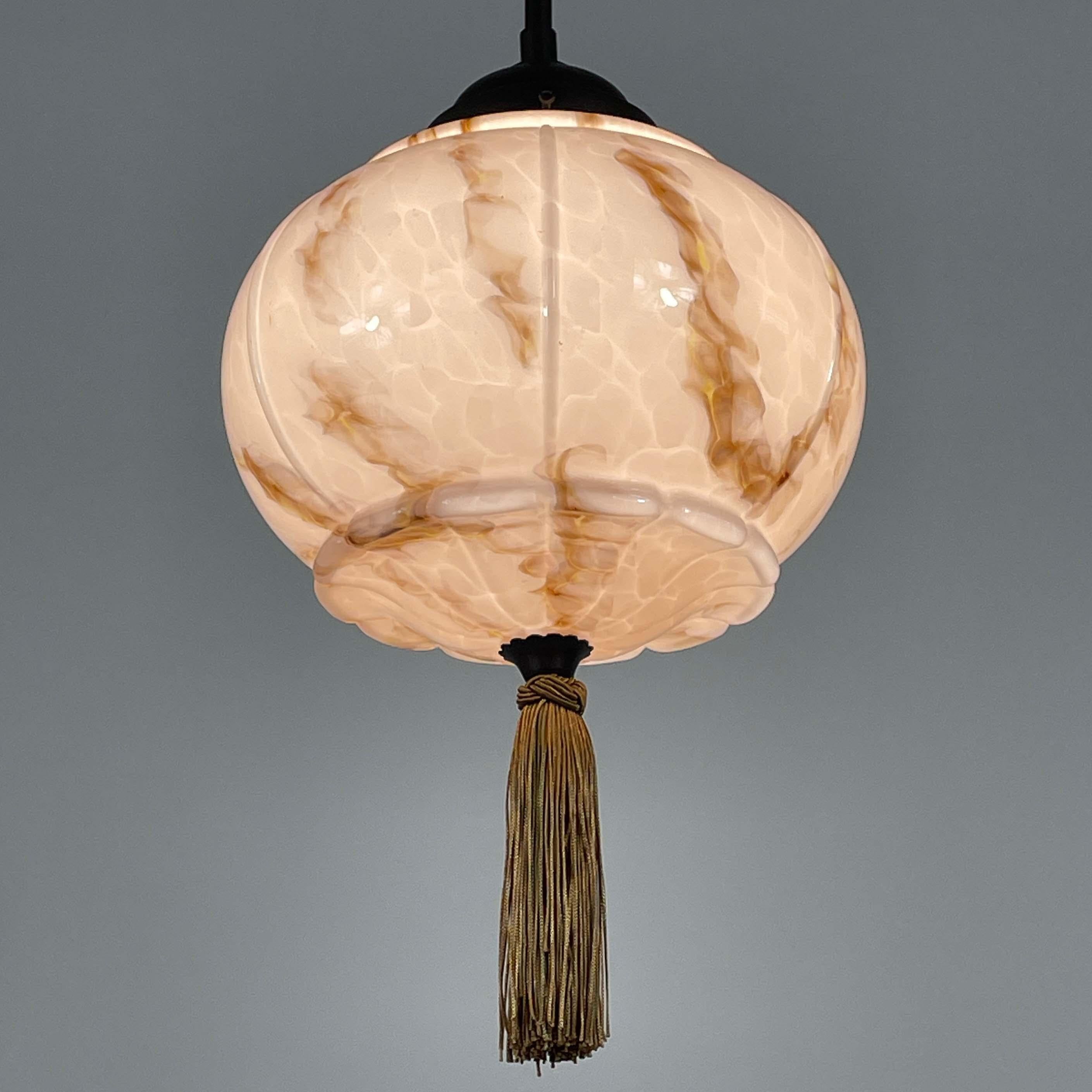 Marbled Pale Rose Opaline & Bronzed Pendant with Tassel, Germany 1920s 1930s For Sale 2