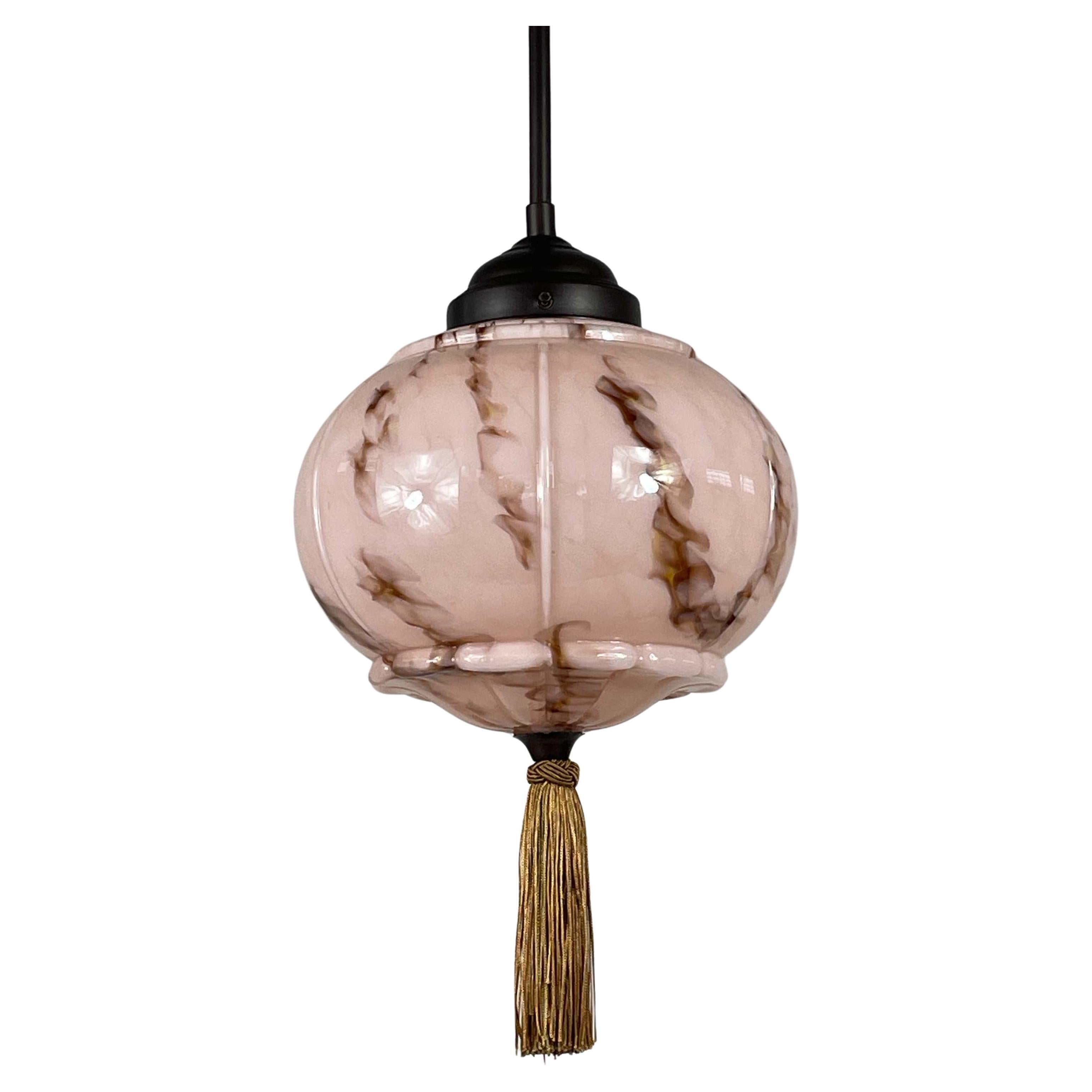 Marbled Pale Rose Opaline & Bronzed Pendant with Tassel, Germany 1920s 1930s